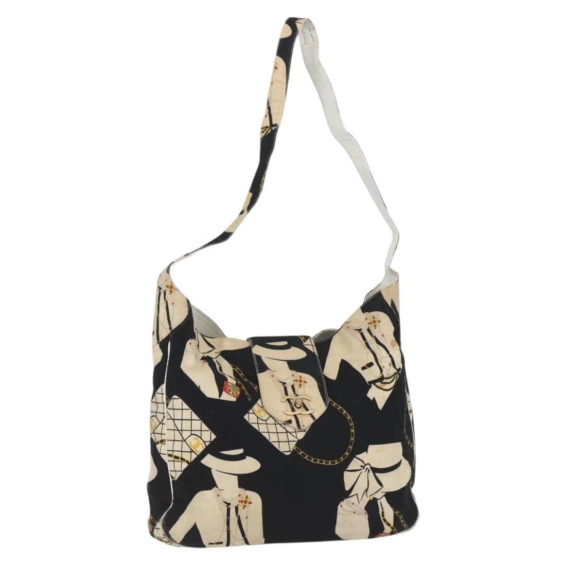 CHANEL Black Gold Canvas Shoulder Bag Italy Auth 156515: CHANEL Black Gold Canvas Shoulder Bag Italy Auth 156515 This authentic CHANEL shoulder bag combines luxurious style with practical design. Crafted in Italy, it features a chic black canvas exterior co