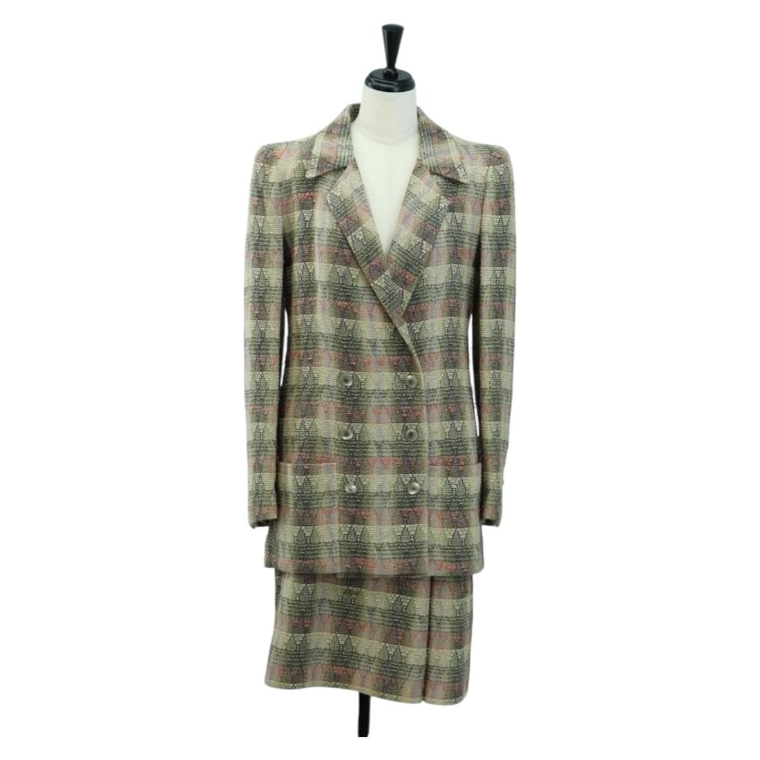CHANEL Multicolor Tweed Cotton Jacket and Skirt Set for Men: CHANEL Multicolor Tweed Cotton Jacket and Skirt Set for Men This CHANEL men's jacket and skirt set features a multicolor tweed cotton exterior. The jacket is designed with a shoulder width of approxim
