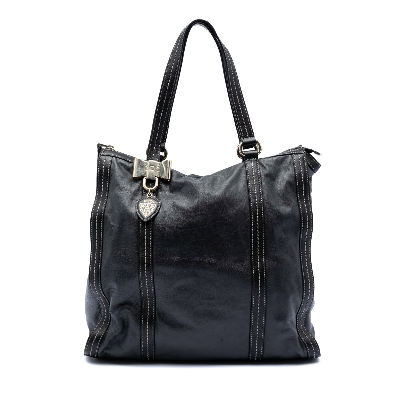 Gucci Duchessa Leather Tote Bag Black Italy: Gucci Duchessa Leather Tote Bag Black Italy The Gucci Leather Duchessa Tote is crafted from black leather and features flat leather straps, a top zip closure, and both interior zip and slip pockets fo