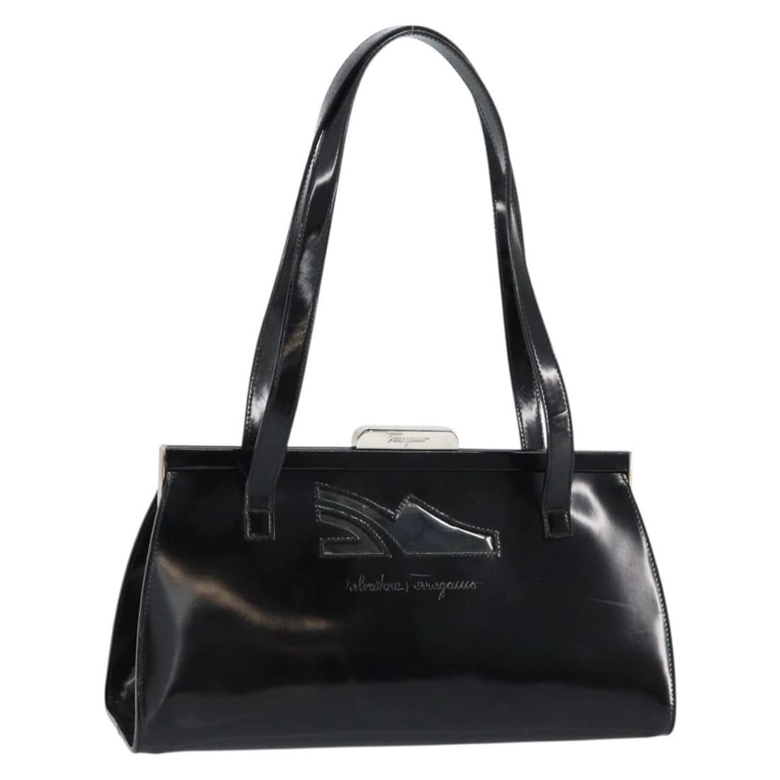 Salvatore Ferragamo Black Silver Enamel Tote Bag Auth BA8395: Salvatore Ferragamo Black Silver Enamel Tote Bag Auth BA8395 Discover timeless elegance with this Salvatore Ferragamo Tote Bag. Crafted in Italy, this stylish tote features a sleek black and silver en