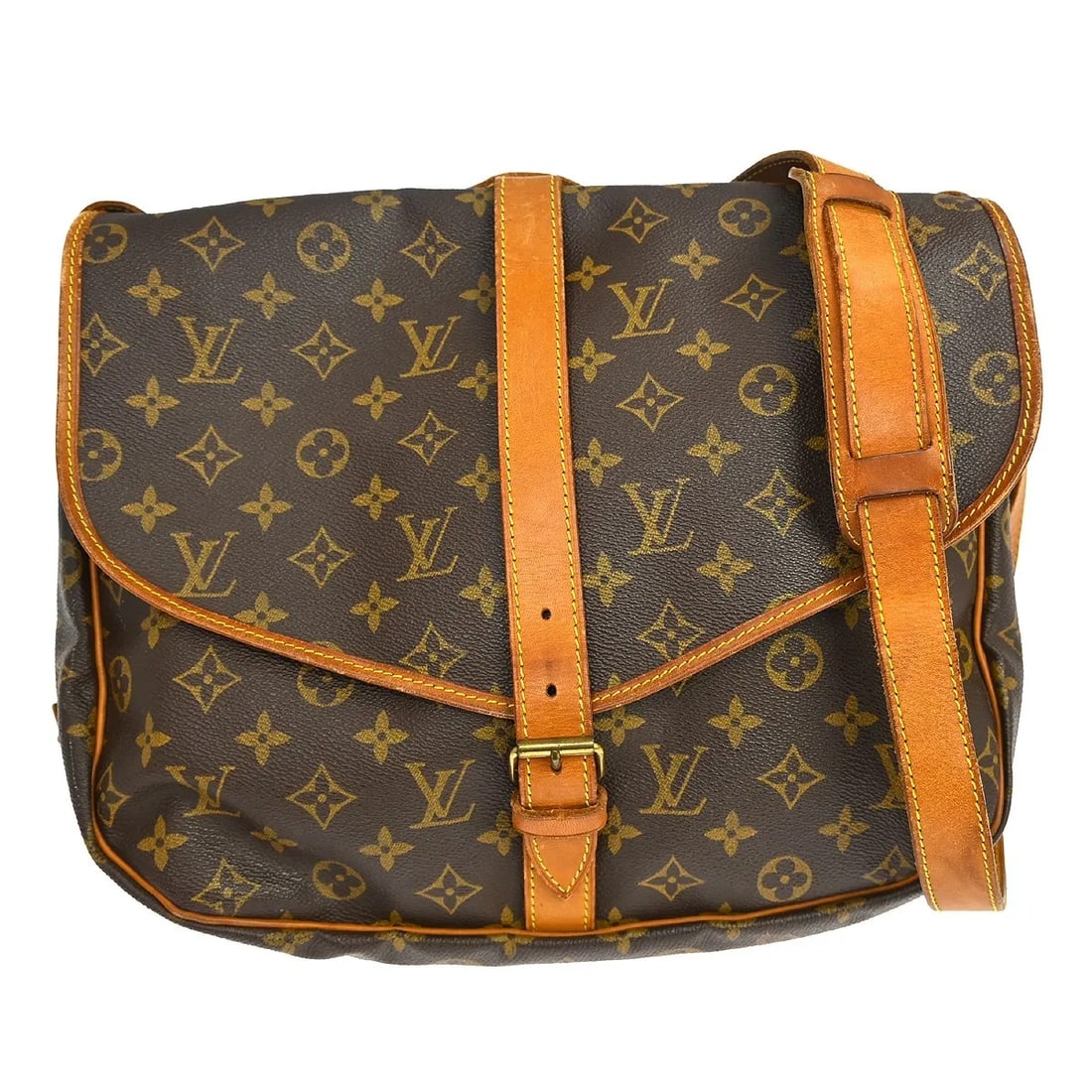 Louis Vuitton Saumur Brown Monogram Canvas Shoulder Bag: Louis Vuitton Saumur Brown Monogram Canvas Shoulder Bag Louis Vuitton Saumur bag in brown monogram canvas. This unisex piece is made in France and remains in good condition with visible wear from use.