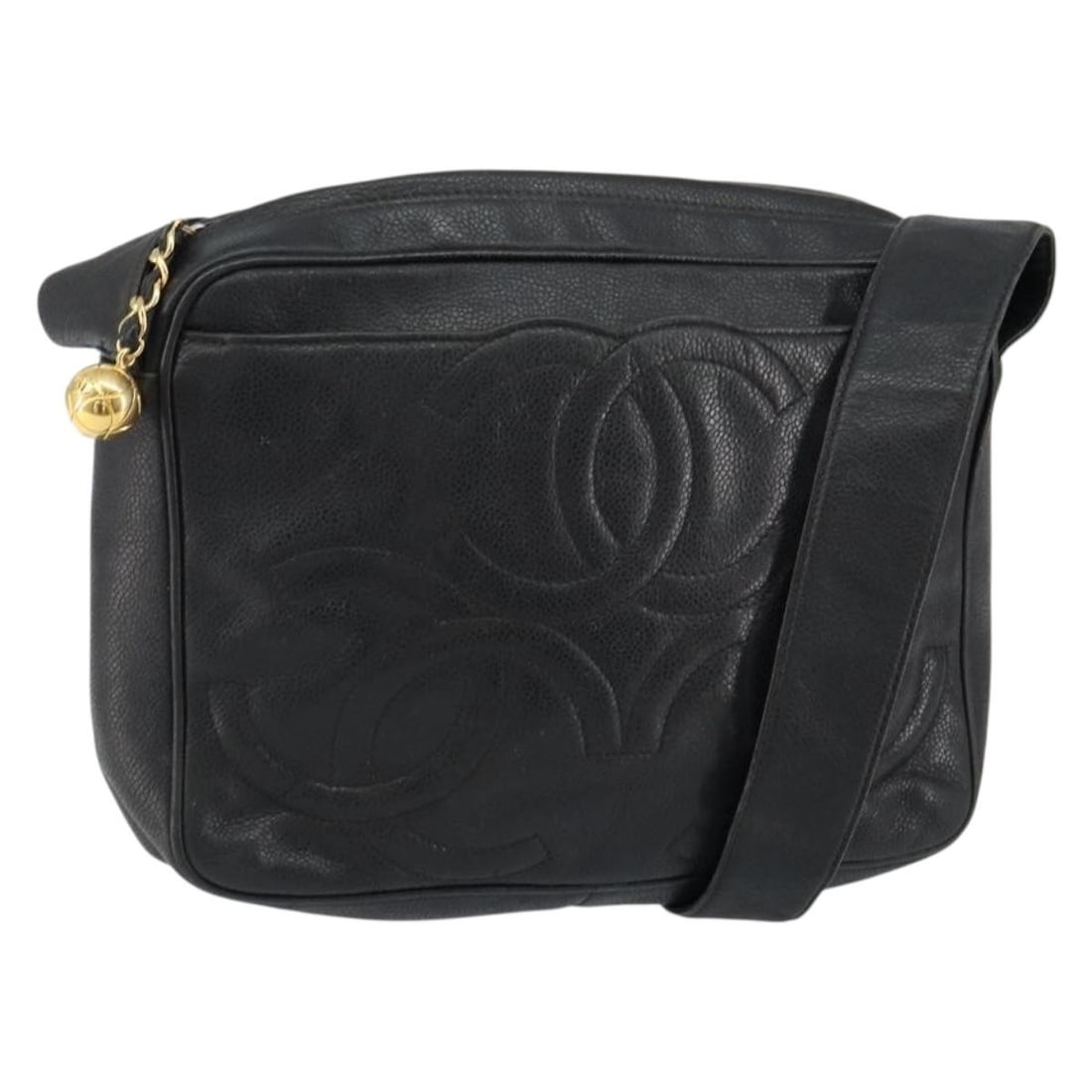 CHANEL Triple COCO Mark Black Gold Caviar Shoulder Bag Auth 151405: CHANEL Triple COCO Mark Black Gold Caviar Shoulder Bag Auth 151405 This authentic CHANEL Triple COCO Mark Shoulder Bag is crafted from luxurious grained calfskin, featuring a striking black and gold c
