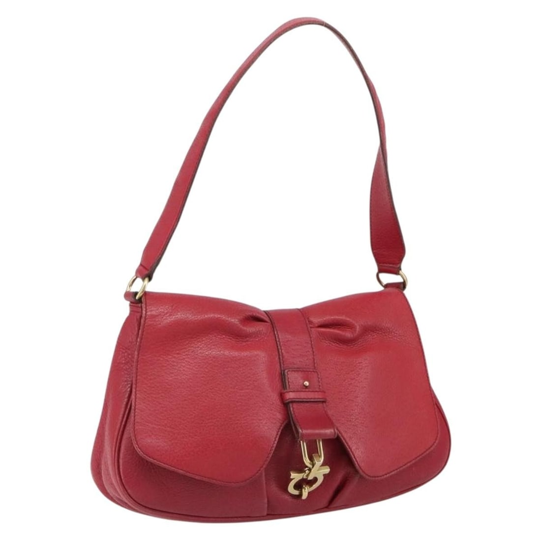 Red Leather Gancini Shoulder Bag by Salvatore Ferragamo: Red Leather Gancini Shoulder Bag by Salvatore Ferragamo This Salvatore Ferragamo Gancini shoulder bag features a red leather exterior accented with gold-tone details. The bag is heavily used and shows