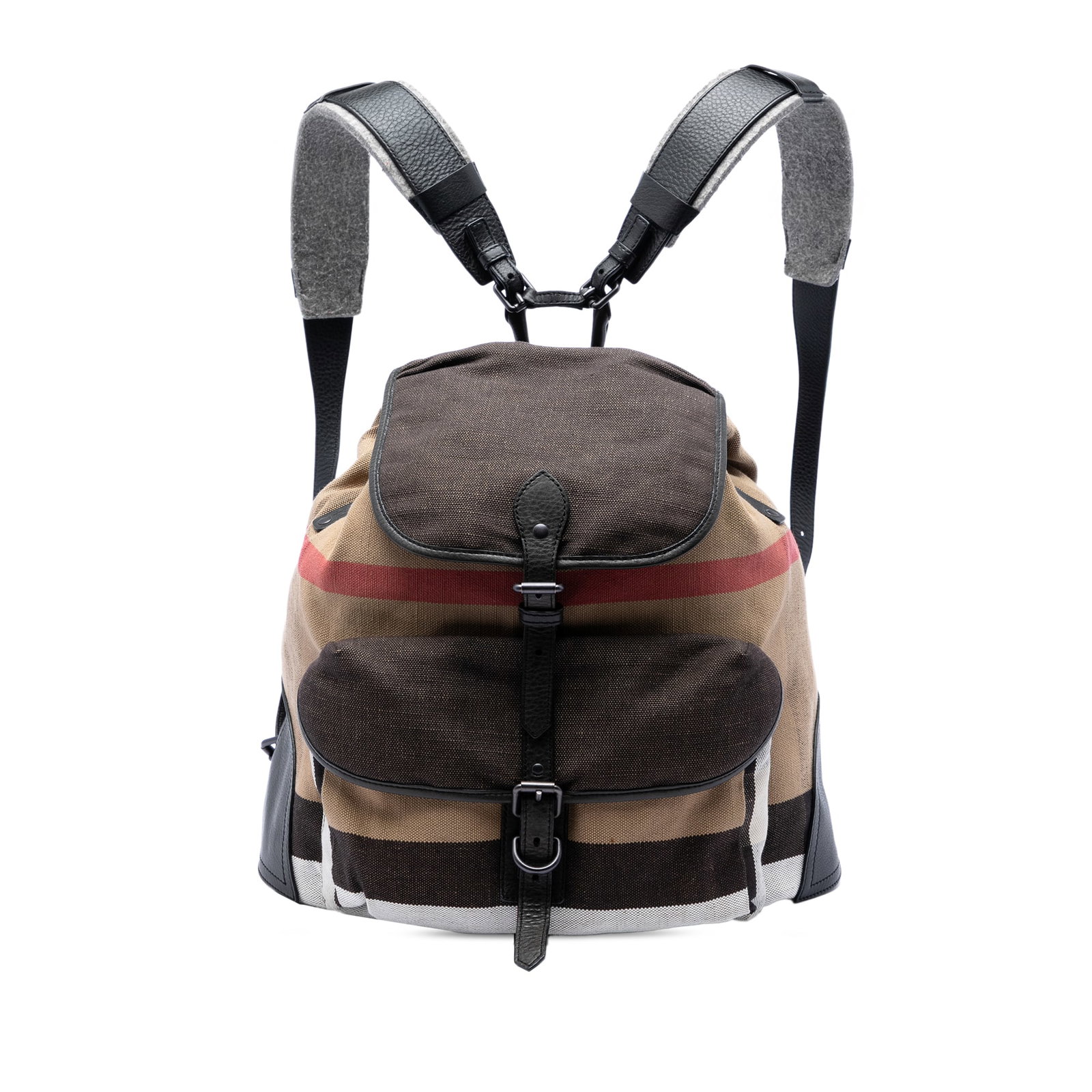 Burberry Korbin Backpack in Mega Check Canvas: Burberry Korbin Backpack in Mega Check Canvas Burberry Mega Check Canvas Korbin Backpack with leather trim and adjustable leather back straps. The design features a front flap with snap closure, a top