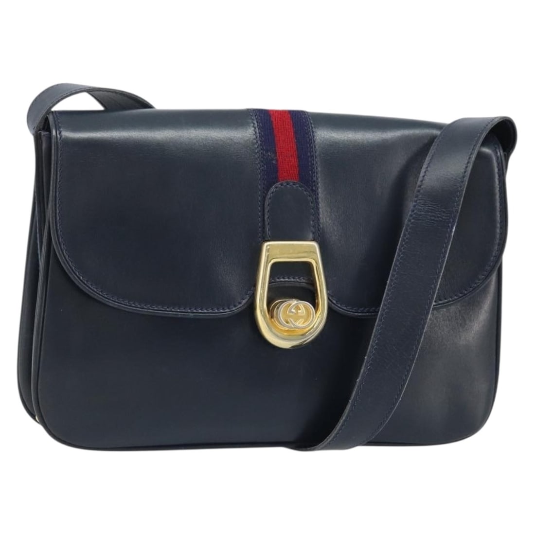 Gucci Sherry Line Navy Leather Shoulder Bag with Dust Bag: Gucci Sherry Line Navy Leather Shoulder Bag with Dust Bag This Gucci Sherry Line shoulder bag features navy leather with gold-tone accents and is designed for women. Made in Italy, the bag offers a cl