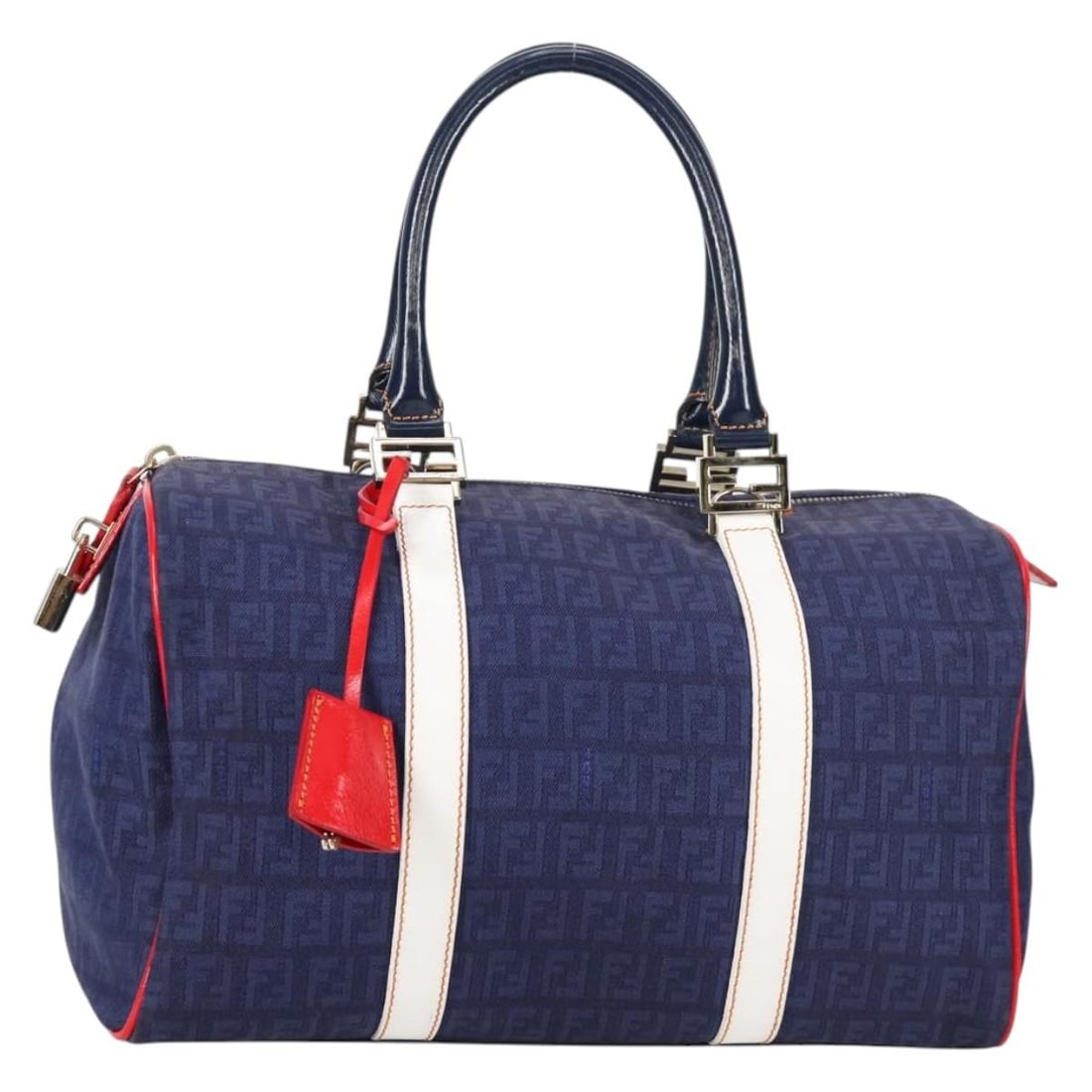 Fendi Zucchino Navy Gold Boston Bag Padlock Key Clochette (1 of 18)