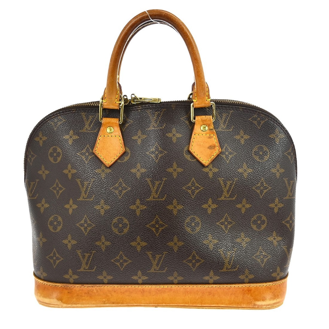 Louis Vuitton Alma Monogram Canvas Handbag M51130 BA0090: Louis Vuitton Alma Monogram Canvas Handbag M51130 BA0090 Vintage Louis Vuitton Alma handbag in brown Monogram canvas with leather trim and double handles. This medium handbag features a zip closure, b