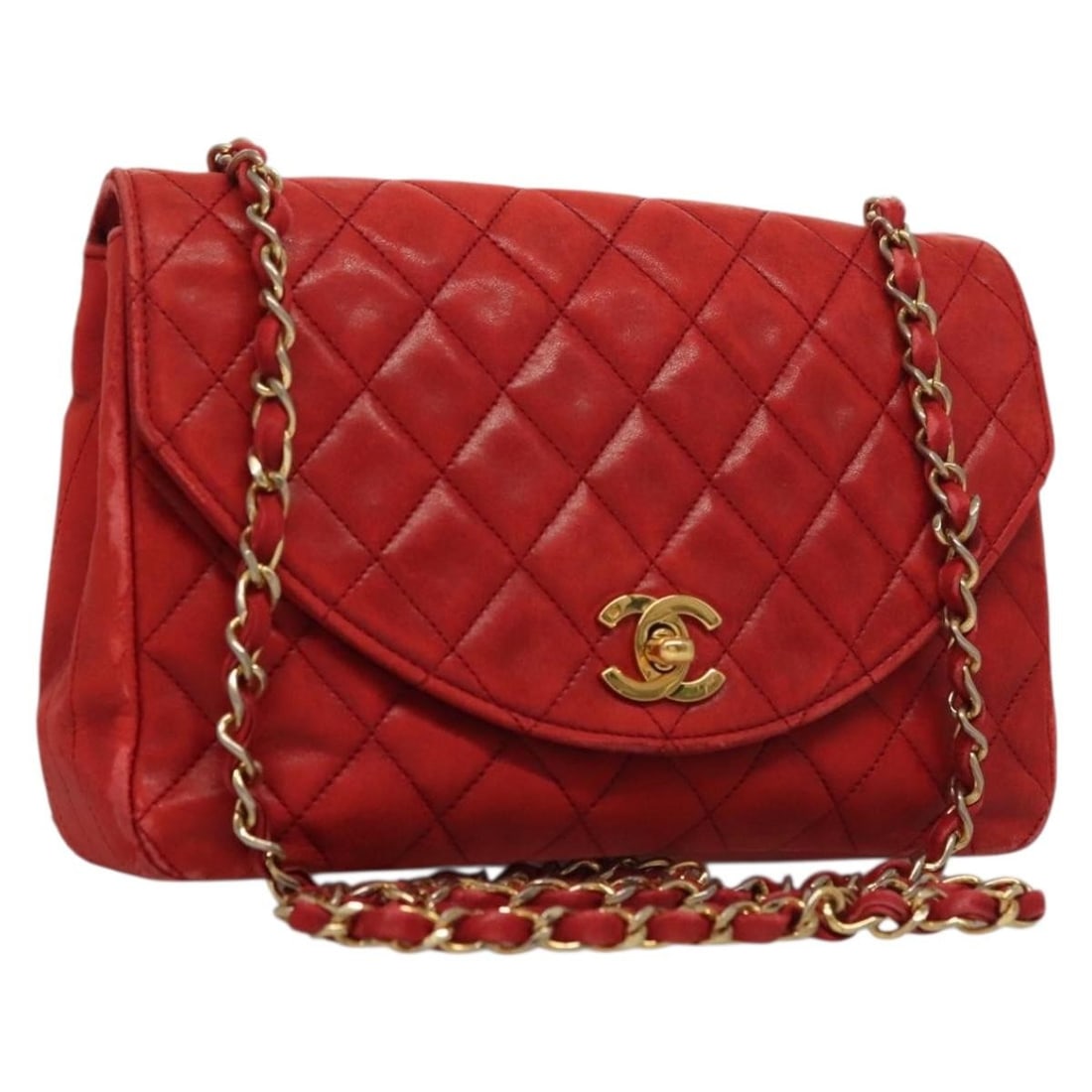 CHANEL Matelasse Lamb Skin Shoulder Bag Red Gold Chain CC: CHANEL Matelasse Lamb Skin Shoulder Bag Red Gold Chain CC Chanel Matelasse chain shoulder bag in red lamb skin with gold-tone CC detailing. Made in France, this women's shoulder bag is offered as item
