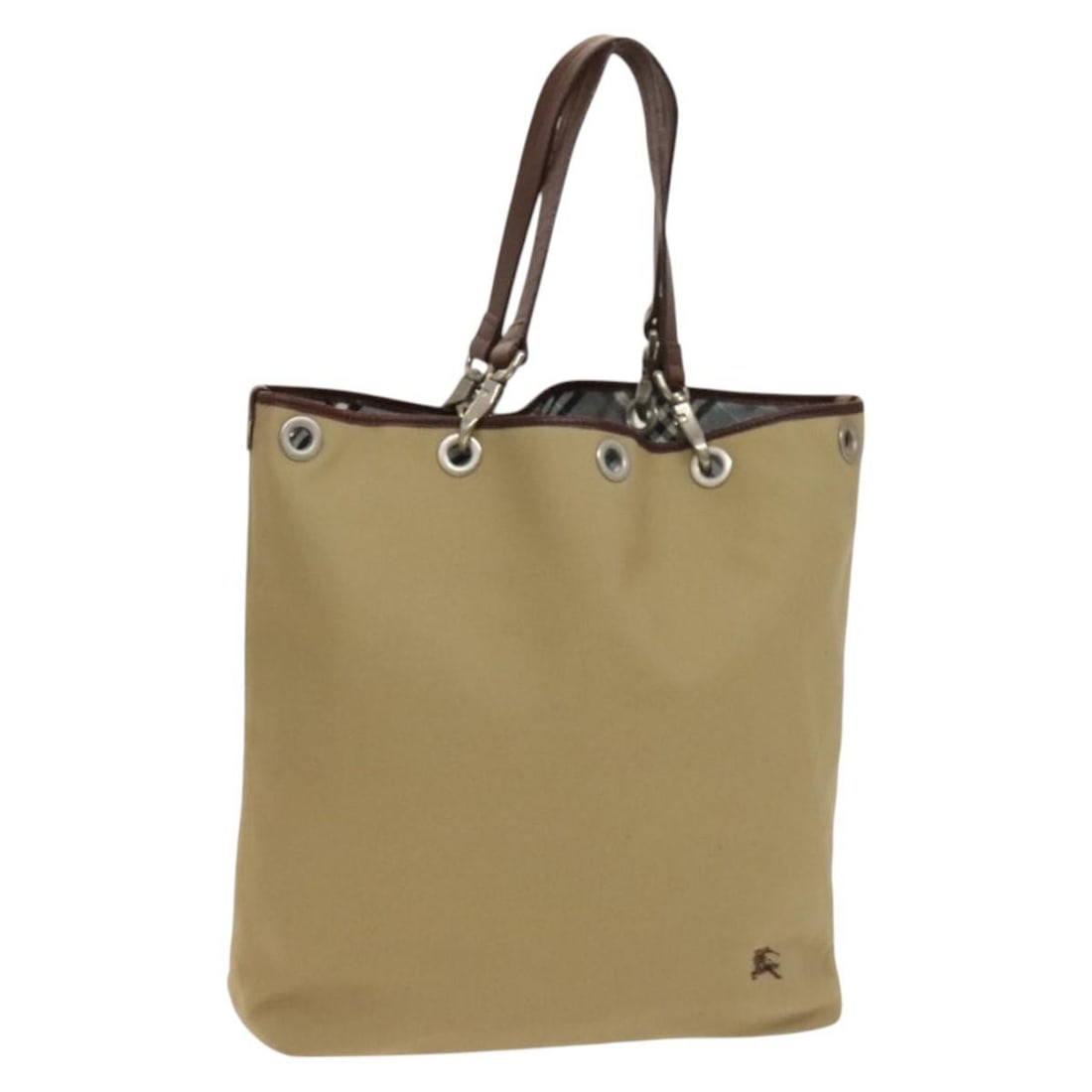 BURBERRY Blue Label Reversible Canvas Tote Beige Silver: BURBERRY Blue Label Reversible Canvas Tote Beige Silver Burberry Blue Label reversible tote bag in beige and silver canvas, made in Japan. This women's tote is offered without the original box or dust