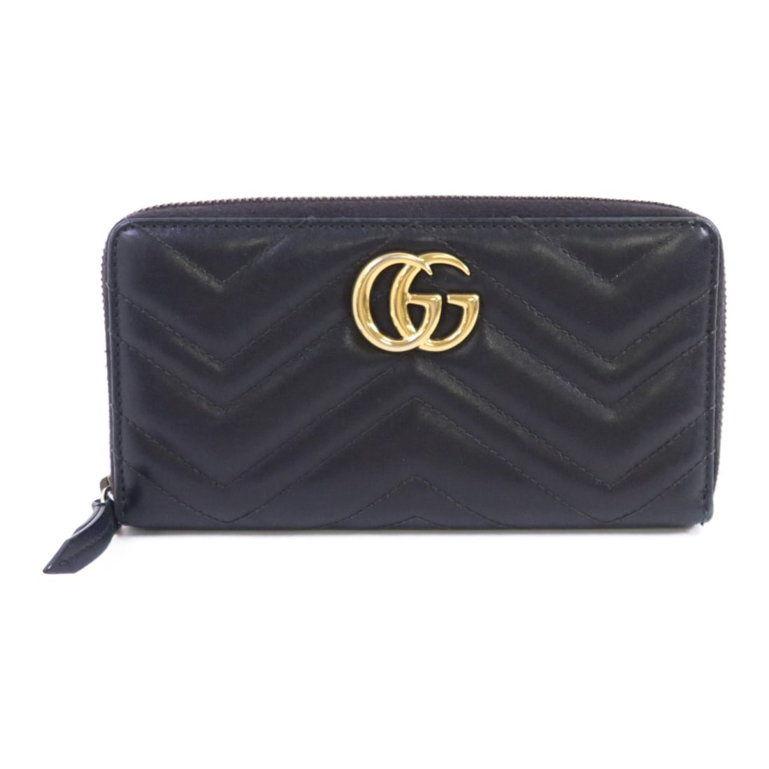 Gucci GG Marmont Black Calfskin Long Wallet with Gold Hardware: Gucci GG Marmont Black Calfskin Long Wallet with Gold Hardware This is a Gucci GG Marmont round long wallet crafted from black calfskin leather. The wallet features a wraparound design and gold-tone h