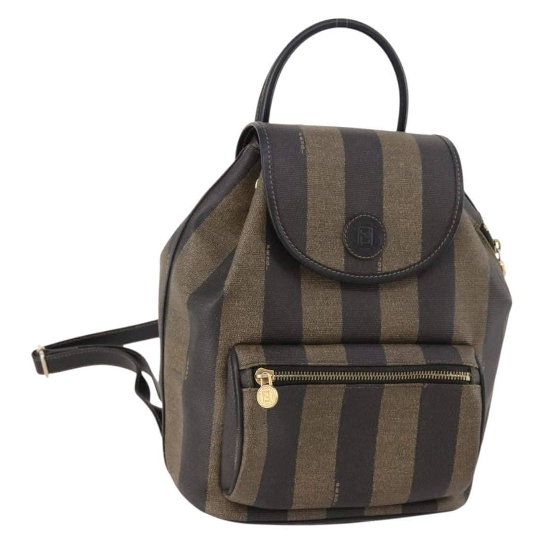 FENDI Pequin Canvas and PVC Leather Backpack Brown Black: FENDI Pequin Canvas and PVC Leather Backpack Brown Black Fendi Pequin canvas backpack in brown and black with gold-tone accents. Made in Italy, this women's backpack is crafted from PVC leather and ca