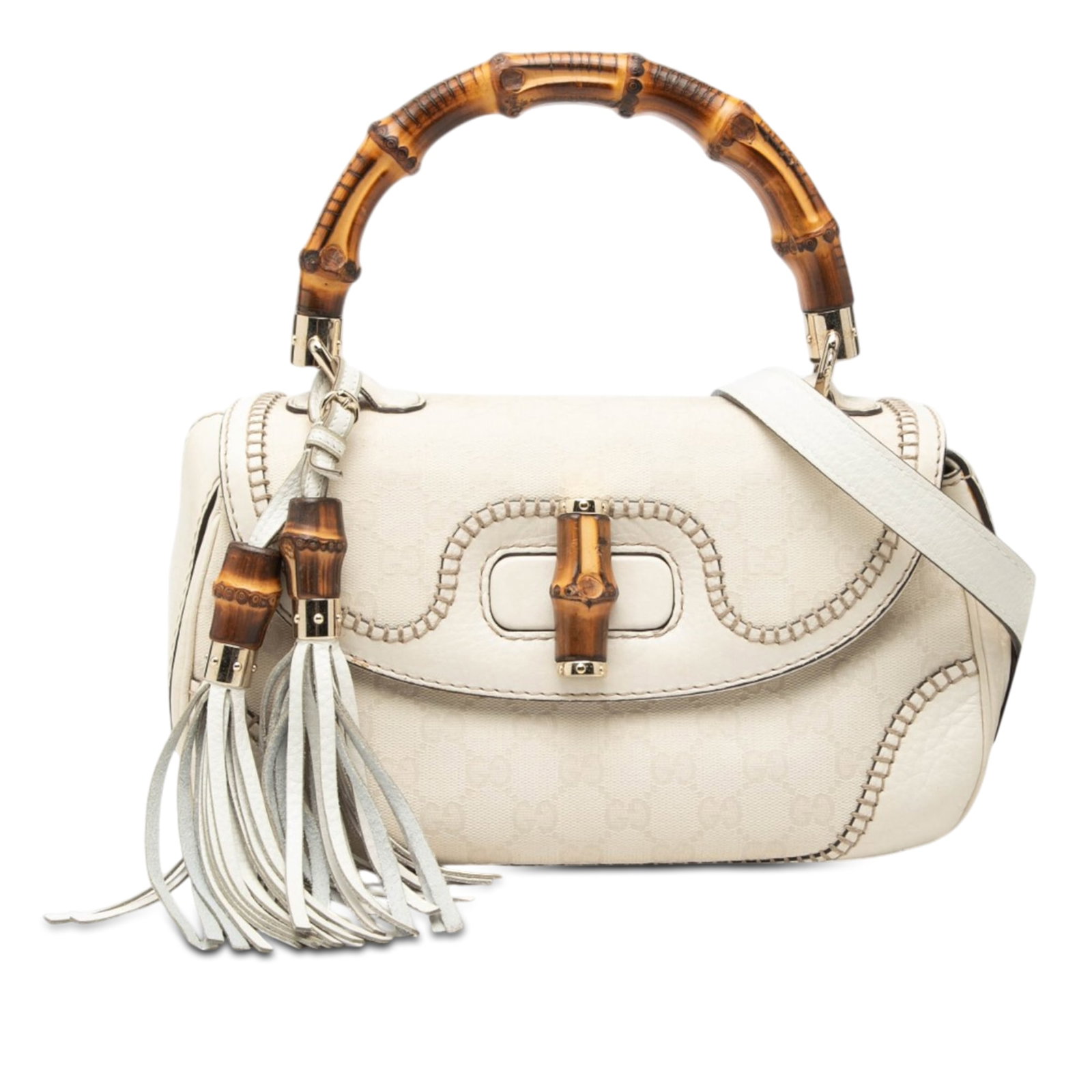 Gucci Bamboo Satchel GG Canvas Leather Trim White: Gucci Bamboo Satchel GG Canvas Leather Trim White This Gucci Medium GG Canvas New Bamboo Satchel features a canvas body with leather trim, a distinctive bamboo top handle, a detachable flat leather sh