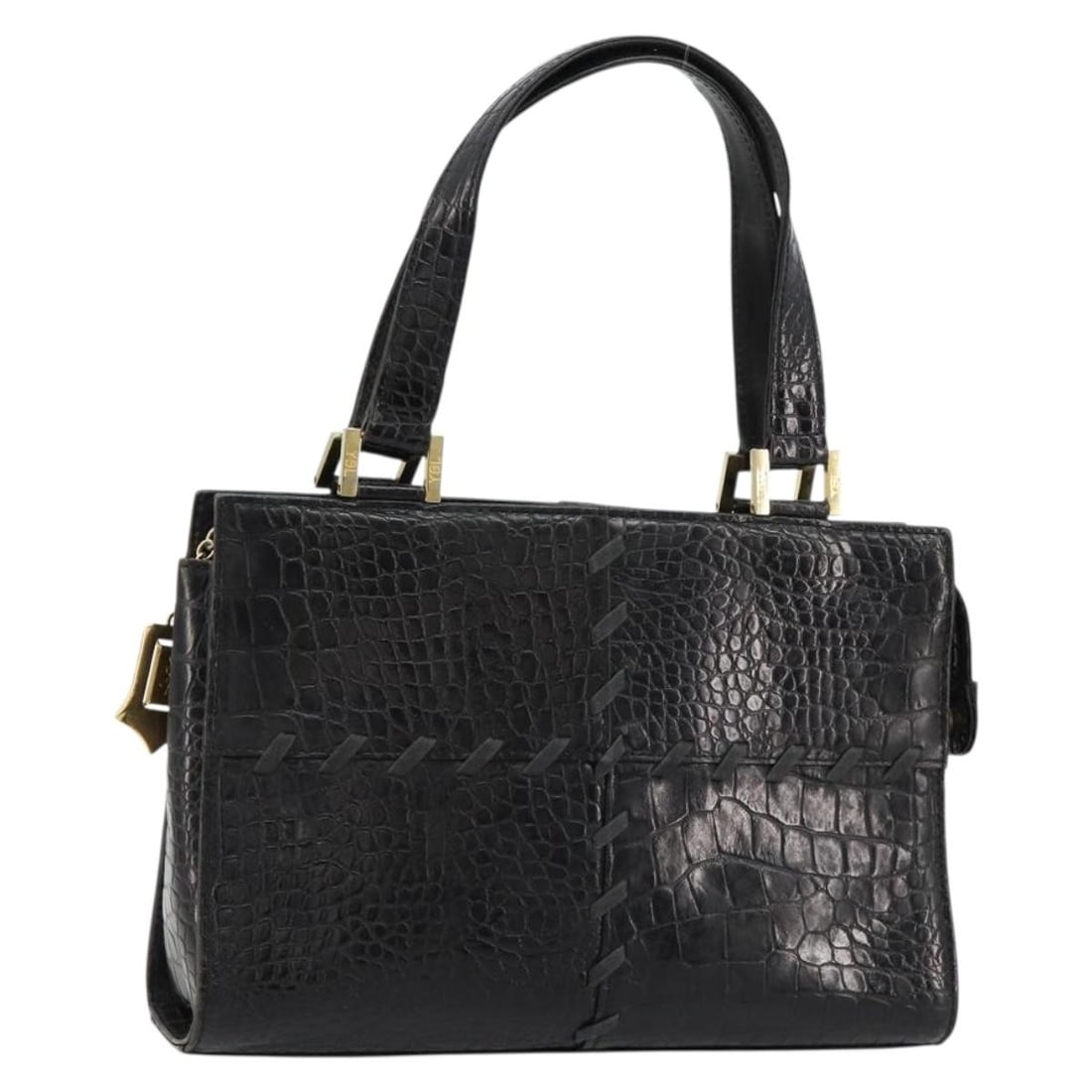 Black Leather Top Handle Purse SAINT LAURENT Gold Tone: Black Leather Top Handle Purse SAINT LAURENT Gold Tone Saint Laurent embossed leather handbag in black with gold-tone accents. This women's handbag is made in Italy and shows heavy use, including loss