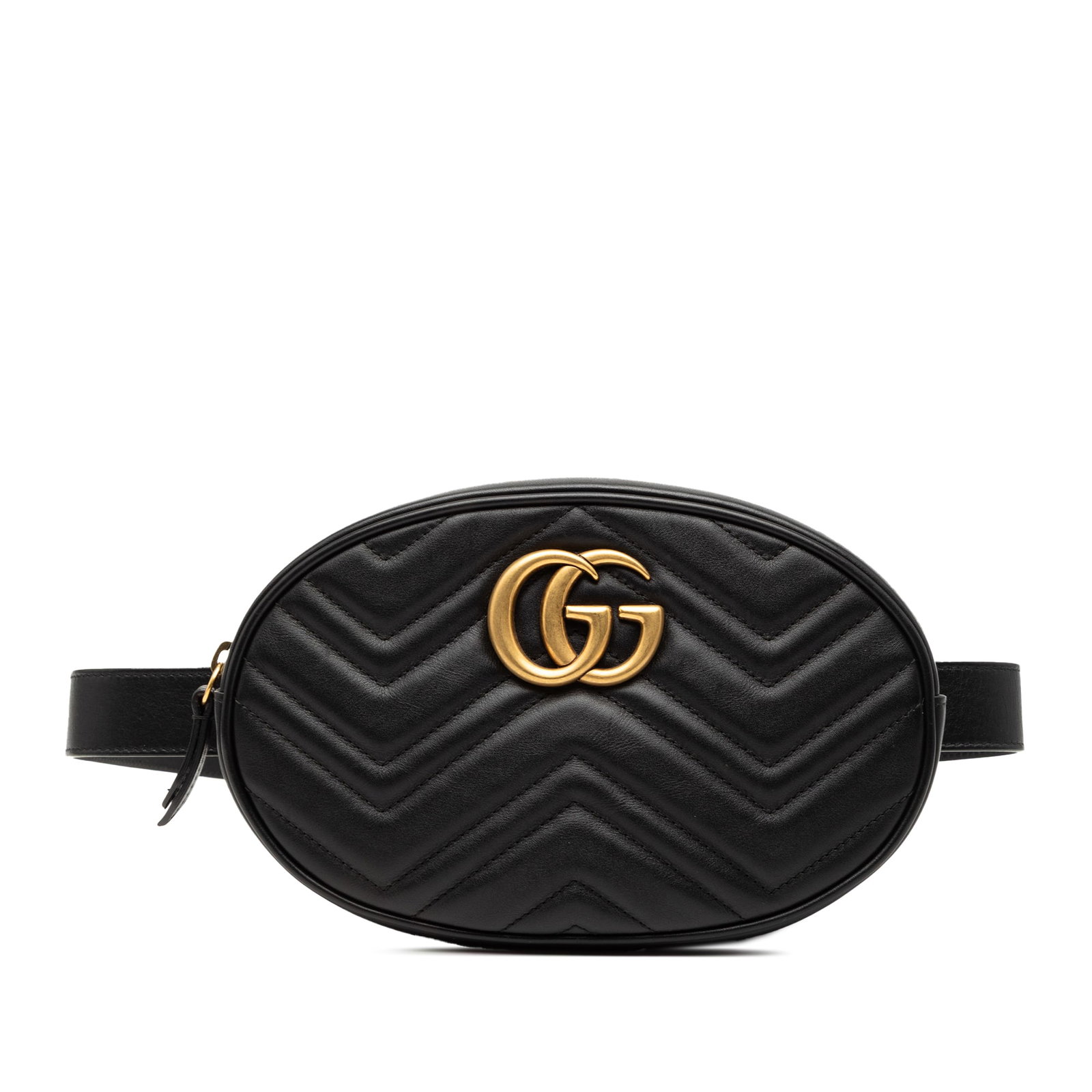 Black leather belt bag Gucci GG Marmont Matelasse: Black leather belt bag Gucci GG Marmont Matelasse This Gucci GG Marmont Matelasse leather belt bag features a quilted leather body in black, an adjustable flat leather waist strap, a top zip closure, 