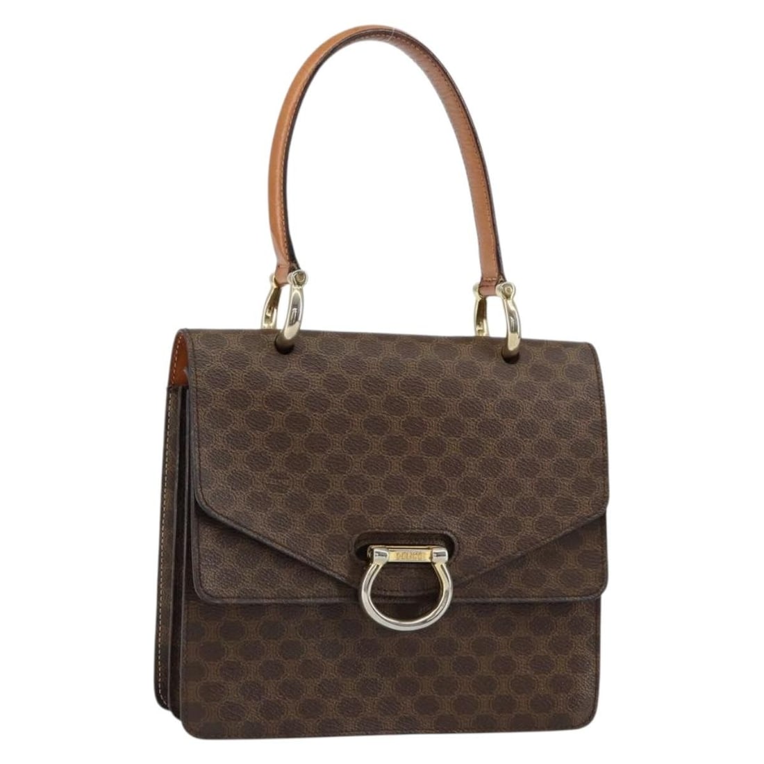 CELINE Macadam Canvas Hand Bag PVC Leather Brown Gold Italy Auth AR13810: CELINE Macadam Canvas Hand Bag PVC Leather Brown Gold Italy Auth AR13810 This authentic CELINE Macadam Canvas Hand Bag is a stylish accessory made in Italy. Crafted from durable PVC leather, the bag f