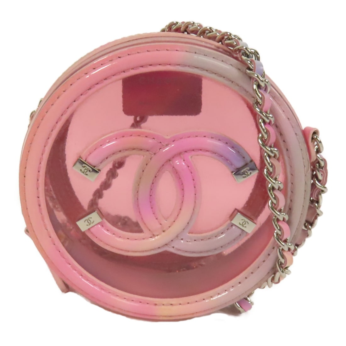 CHANEL Pink PVC Shoulder Bag CC SHW: CHANEL Pink PVC Shoulder Bag CC SHW This CHANEL shoulder bag features a signature CC design with silver-tone hardware and a pink exterior. Crafted from PVC and other materials, it offers a compact and