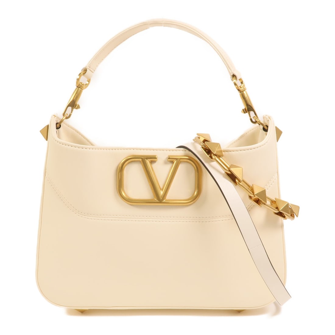 Valentino White Calfskin V Logo Shoulder Bag with Gold Hardware: Valentino White Calfskin V Logo Shoulder Bag with Gold Hardware This Valentino GHW Stud Sign V Logo bag is crafted from white calfskin leather and features gold-tone hardware with signature stud detai