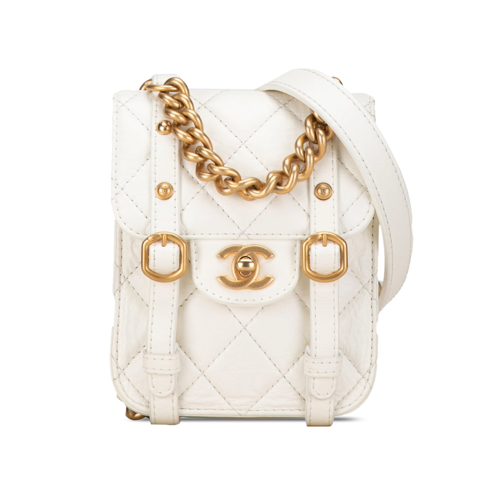 Chanel Mini Aged Calfskin City School Flap White Bag: Chanel Mini Aged Calfskin City School Flap White Bag The Chanel Mini Aged Calfskin City School Flap is a stylish and compact bag featuring a quilted leather body, perfect for adding a touch of eleganc