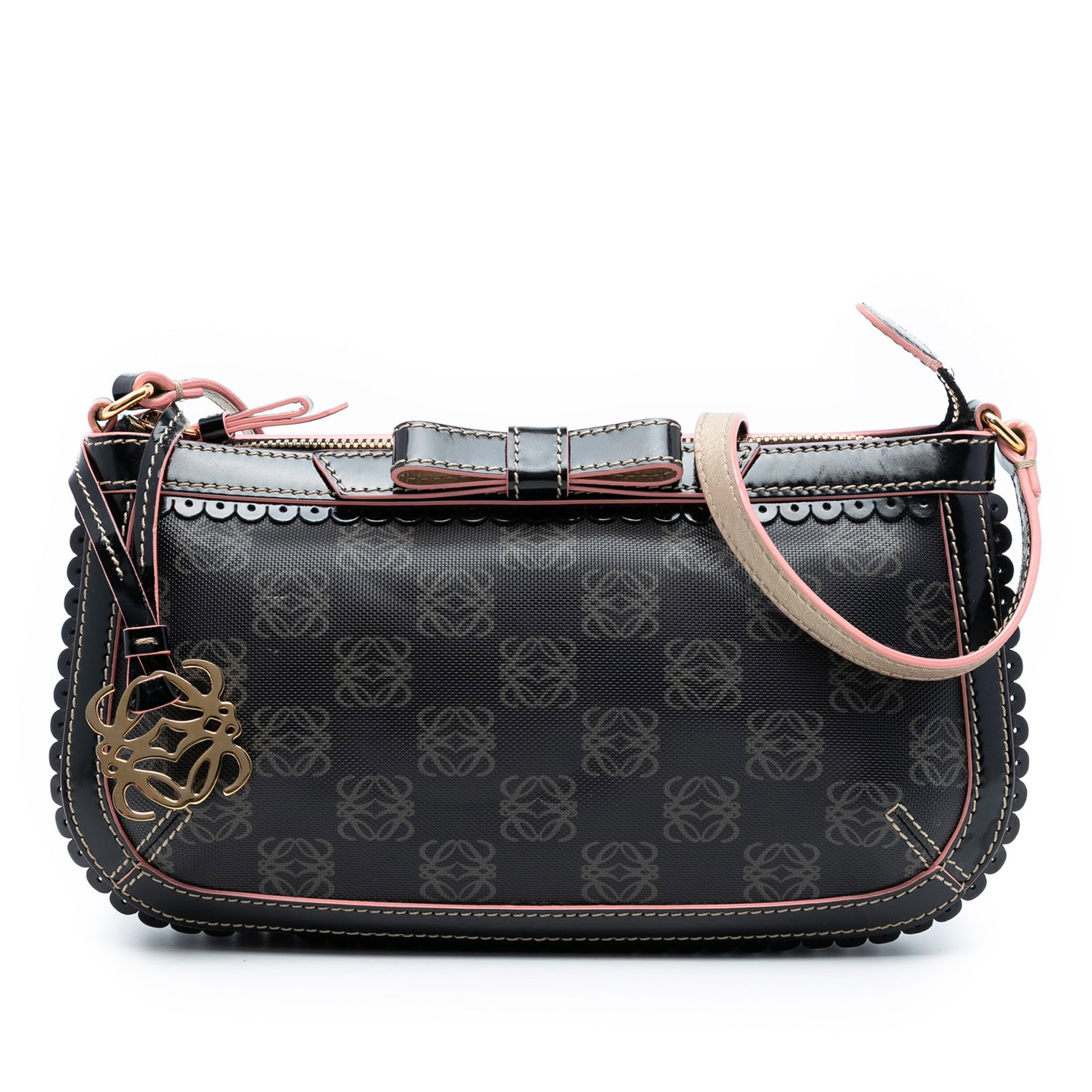Loewe Anagram Black Shoulder Bag in PVC Coated Canvas with Leather Trim: Loewe Anagram Black Shoulder Bag in PVC Coated Canvas with Leather Trim This LOEWE Anagram shoulder bag is crafted from PVC coated canvas with leather trim and a flat leather shoulder strap. It featur