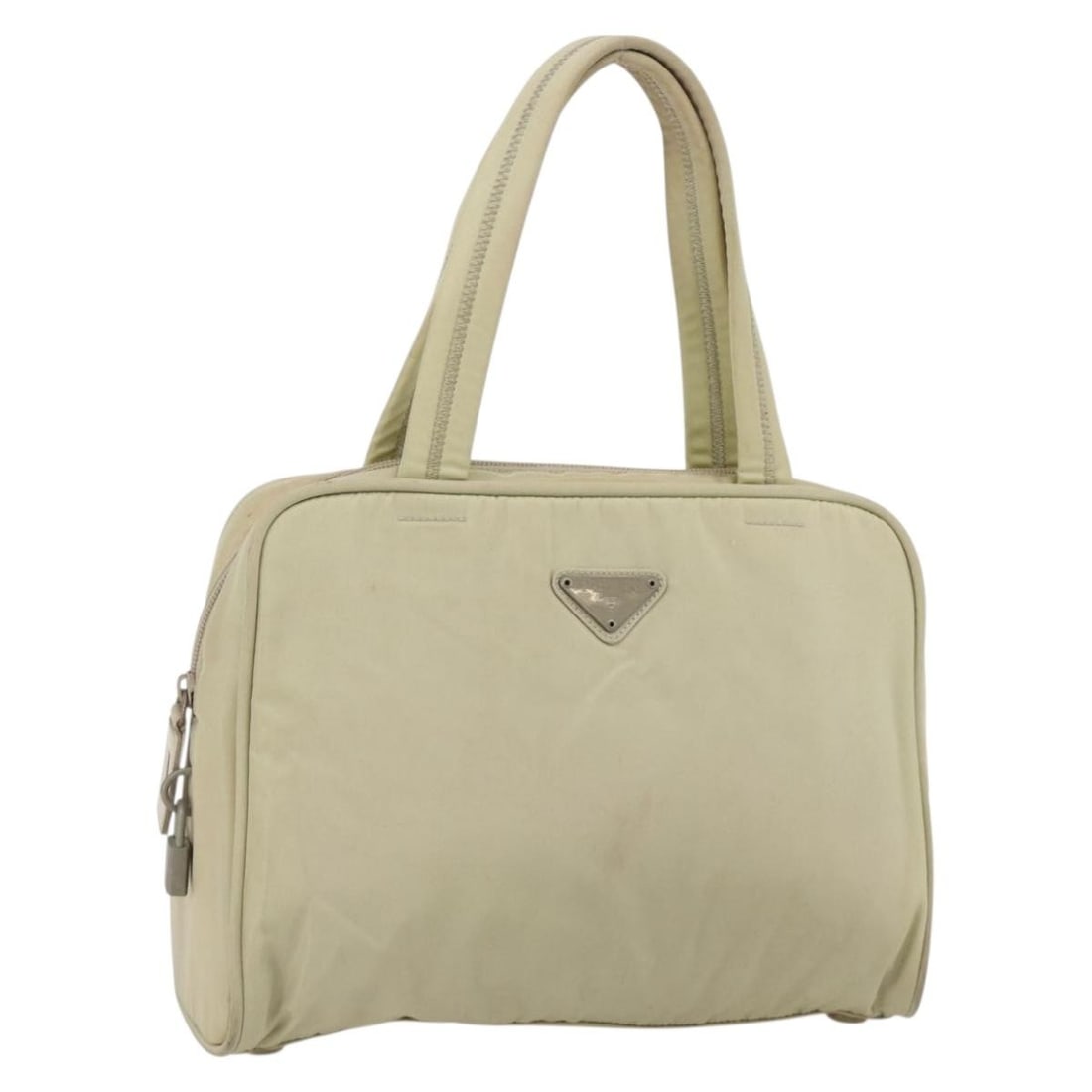 Prada Nylon Ivory Silver Handbag with Padlock Italy: Prada Nylon Ivory Silver Handbag with Padlock Italy This PRADA hand bag is crafted from ivory nylon with silver-tone accents, offering a stylish and practical accessory. Made in Italy, the bag feature