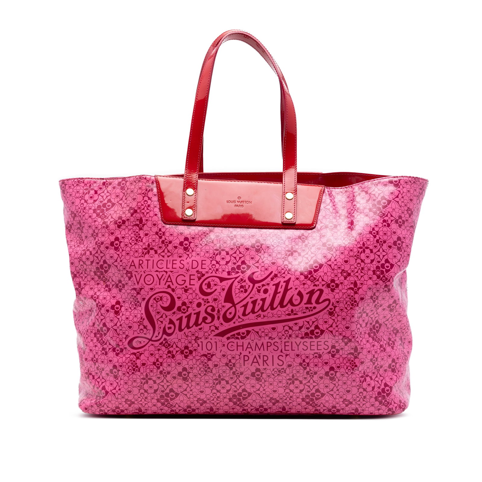 Louis Vuitton Cosmic Blossom GM Tote Pink Coated Canvas: Louis Vuitton Cosmic Blossom GM Tote Pink Coated Canvas Louis Vuitton Takashi Murakami Cosmic Blossom Tote GM in pink coated canvas with patent leather trim and flat patent leather straps. The tote fe