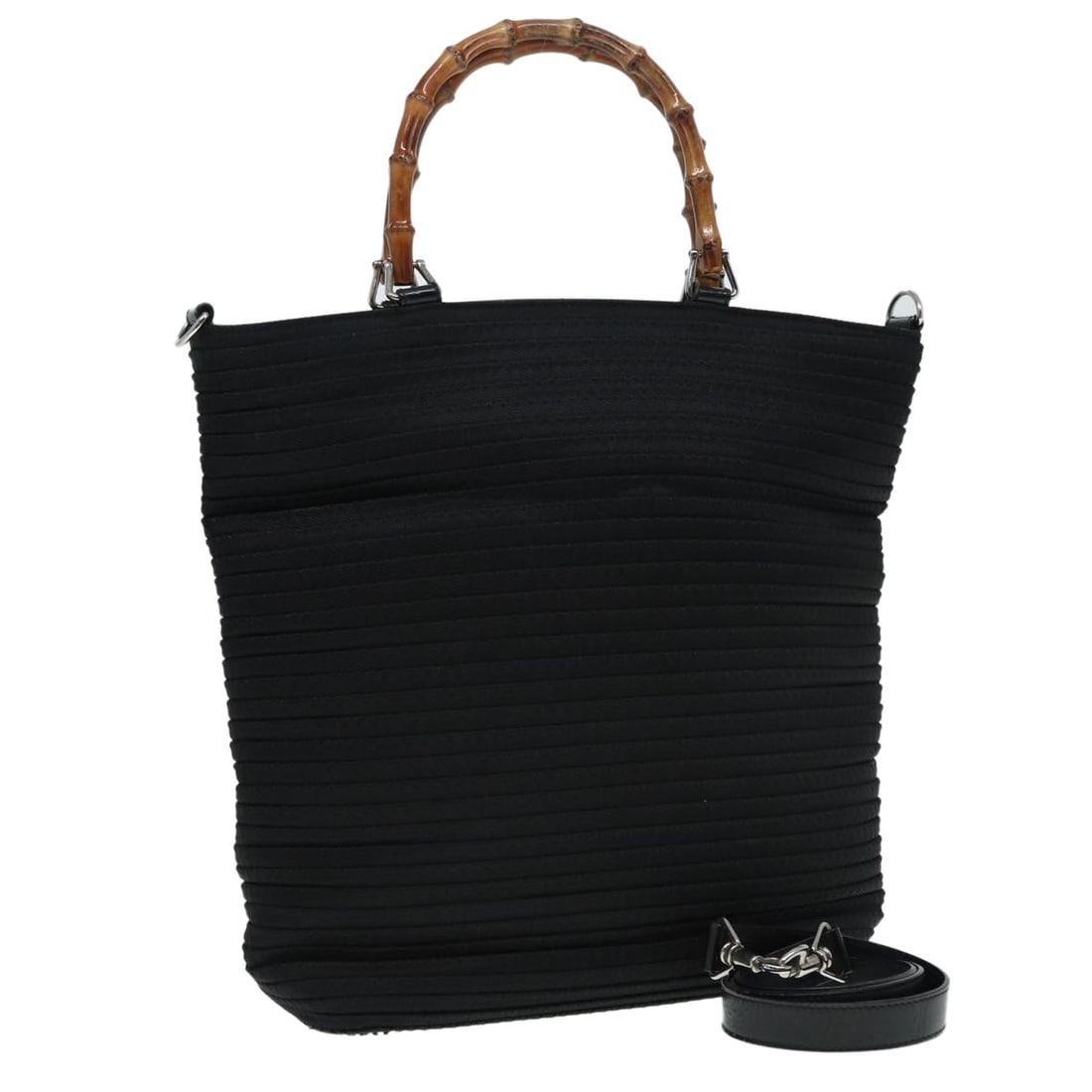 Black Nylon Bamboo 2way Shoulder Bag by GUCCI Model 002 1998 0441: Black Nylon Bamboo 2way Shoulder Bag by GUCCI Model 002 1998 0441 This GUCCI Bamboo Shoulder Bag is a versatile 2-way accessory crafted from black nylon. Designed for women, it features both a shoulde
