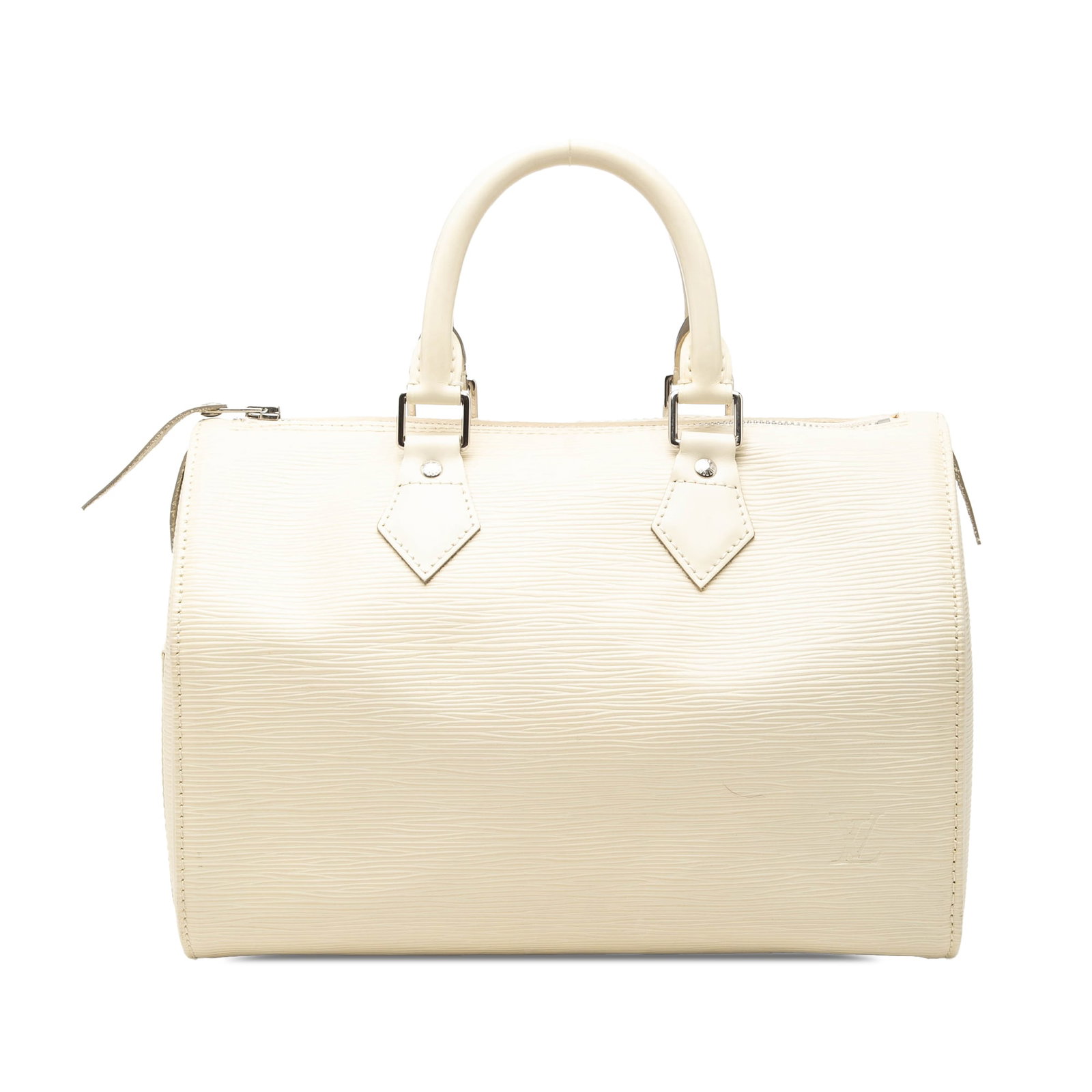 Louis Vuitton White Epi Leather Speedy 30 Bag: Louis Vuitton White Epi Leather Speedy 30 Bag This Louis Vuitton Epi Speedy 30 bag features a structured epi leather body in white, rolled leather handles, a top zip closure, an exterior side slip poc