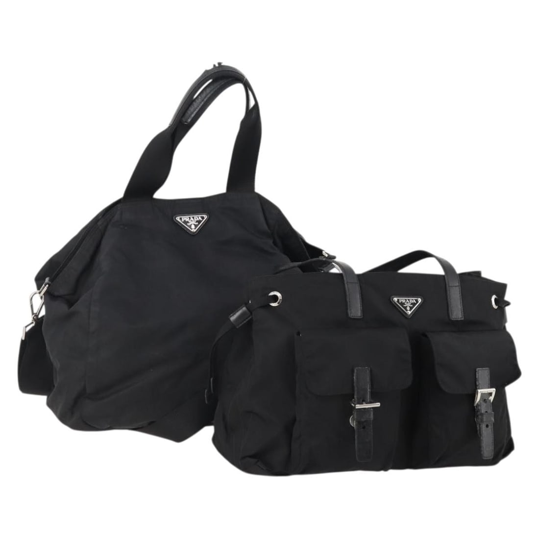 Prada black nylon shoulder bag 2 piece set Italy: Prada black nylon shoulder bag 2 piece set Italy This PRADA shoulder bag set is crafted from black nylon and designed for women. Made in Italy, the set includes two bags, both exhibiting significant s