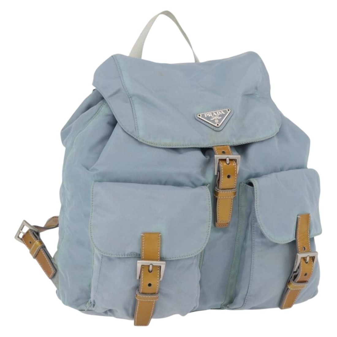 PRADA Nylon Backpack in Light Blue with Silver Tone: PRADA Nylon Backpack in Light Blue with Silver Tone Authentic Prada women's backpack in light blue nylon with silver-tone accents, made in Italy. This pre-owned bag is being sold as photographed and d