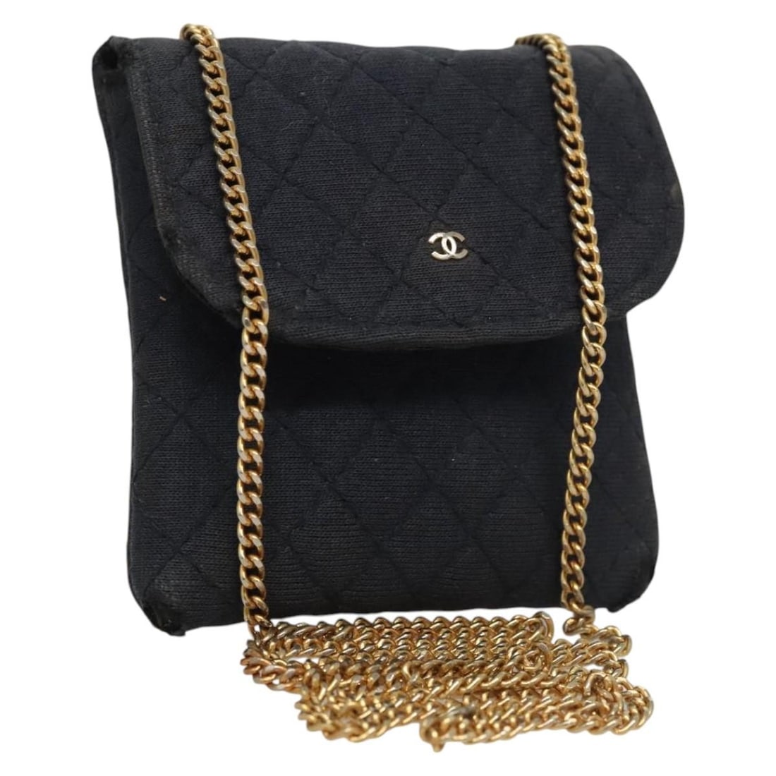 Navy Cotton Mini Pouch with Chain and Gold CC by CHANEL: Navy Cotton Mini Pouch with Chain and Gold CC by CHANEL This Chanel Mini Matelasse chain pouch is crafted from navy and gold cotton and features the iconic Chanel CC detail. Designed for women, the po