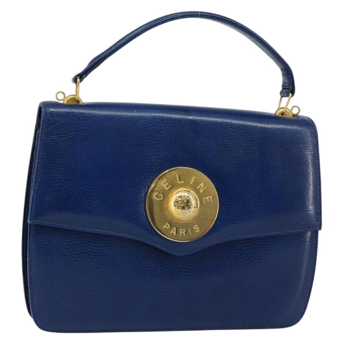 CELINE Leather Hand Bag Blue Gold Auth 146349: CELINE Leather Hand Bag Blue Gold Auth 146349 This authentic CELINE handbag is crafted from luxurious leather in a striking blue and gold color combination. With approximate dimensions of 9.4 inches i