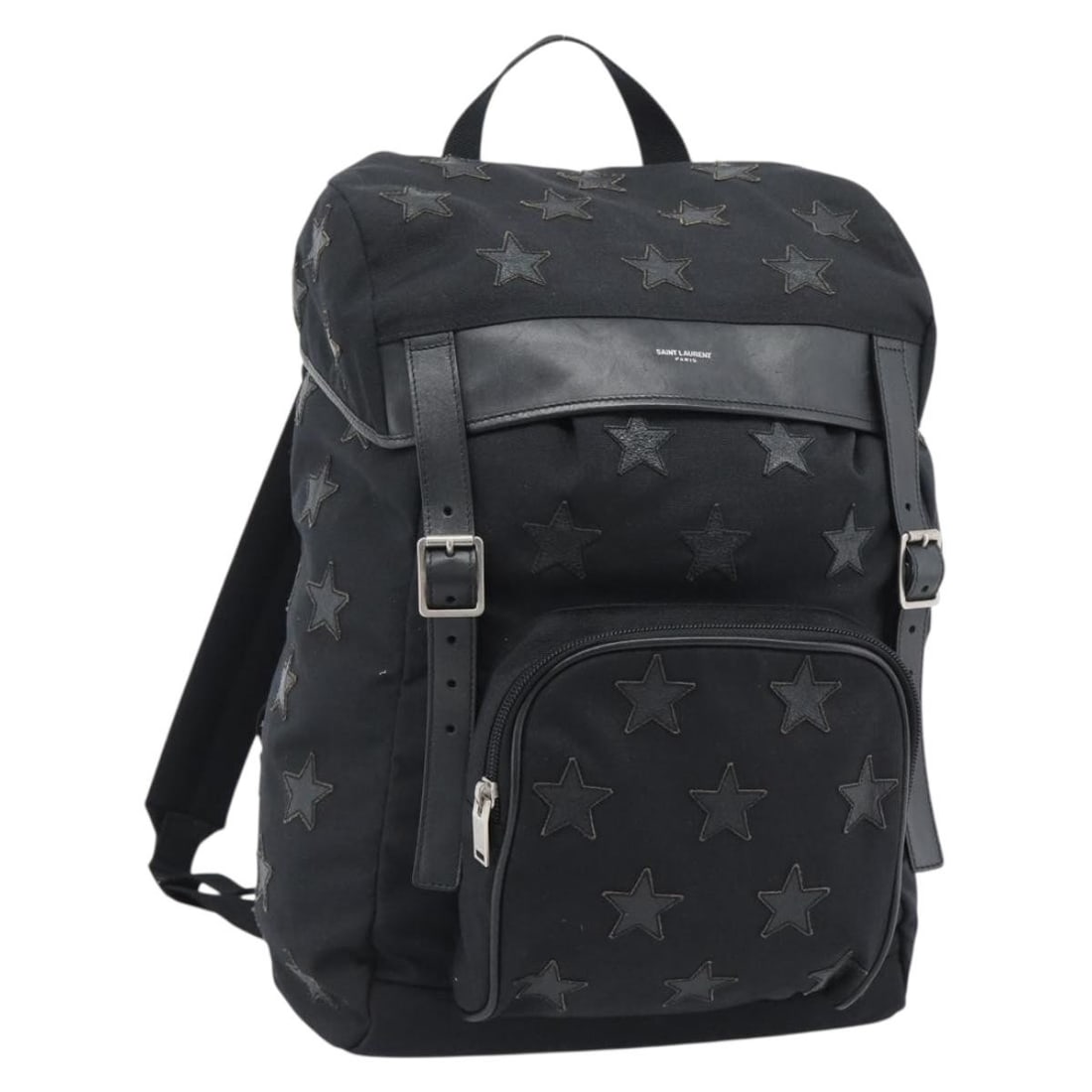Saint Laurent Black Canvas Backpack Made in Italy: Saint Laurent Black Canvas Backpack Made in Italy Saint Laurent black canvas backpack made in Italy. This women's backpack features a black and silver color scheme and is offered without the original 
