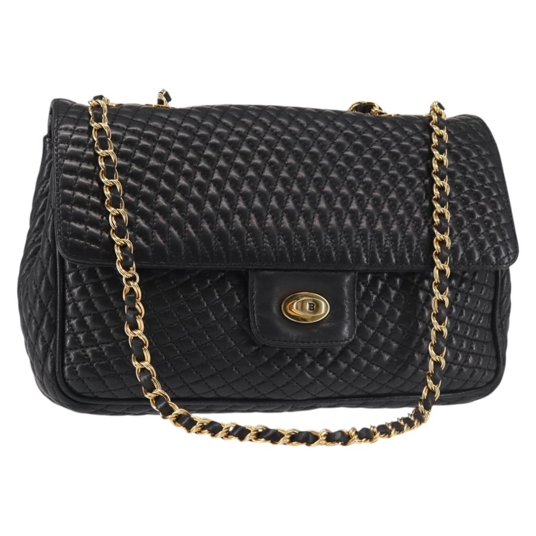 BALLY Black Gold Leather Chain Shoulder Bag Italy Auth AM9054 (1 of 18)