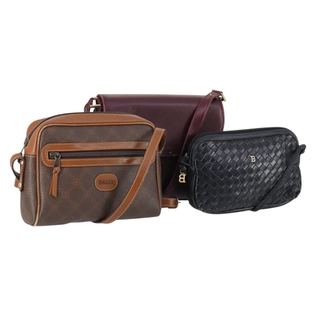 BALLY Leather Shoulder Bag Set 3 Pieces Brown Black Bordeaux Auth BA4812: BALLY Leather Shoulder Bag Set 3 Pieces Brown Black Bordeaux Auth BA4812 This BALLY shoulder bag is a stylish accessory made from high-quality leather, featuring a unique combination of brown, black, 