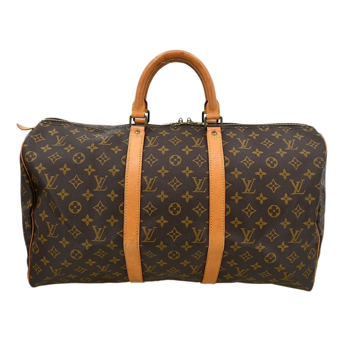 Louis Vuitton Keepall Brown Monogram Canvas Travel Bag: Louis Vuitton Keepall Brown Monogram Canvas Travel Bag Louis Vuitton Keepall in brown monogram canvas. This unisex travel bag is in good condition with visible wear, including scuffs and scratches on 