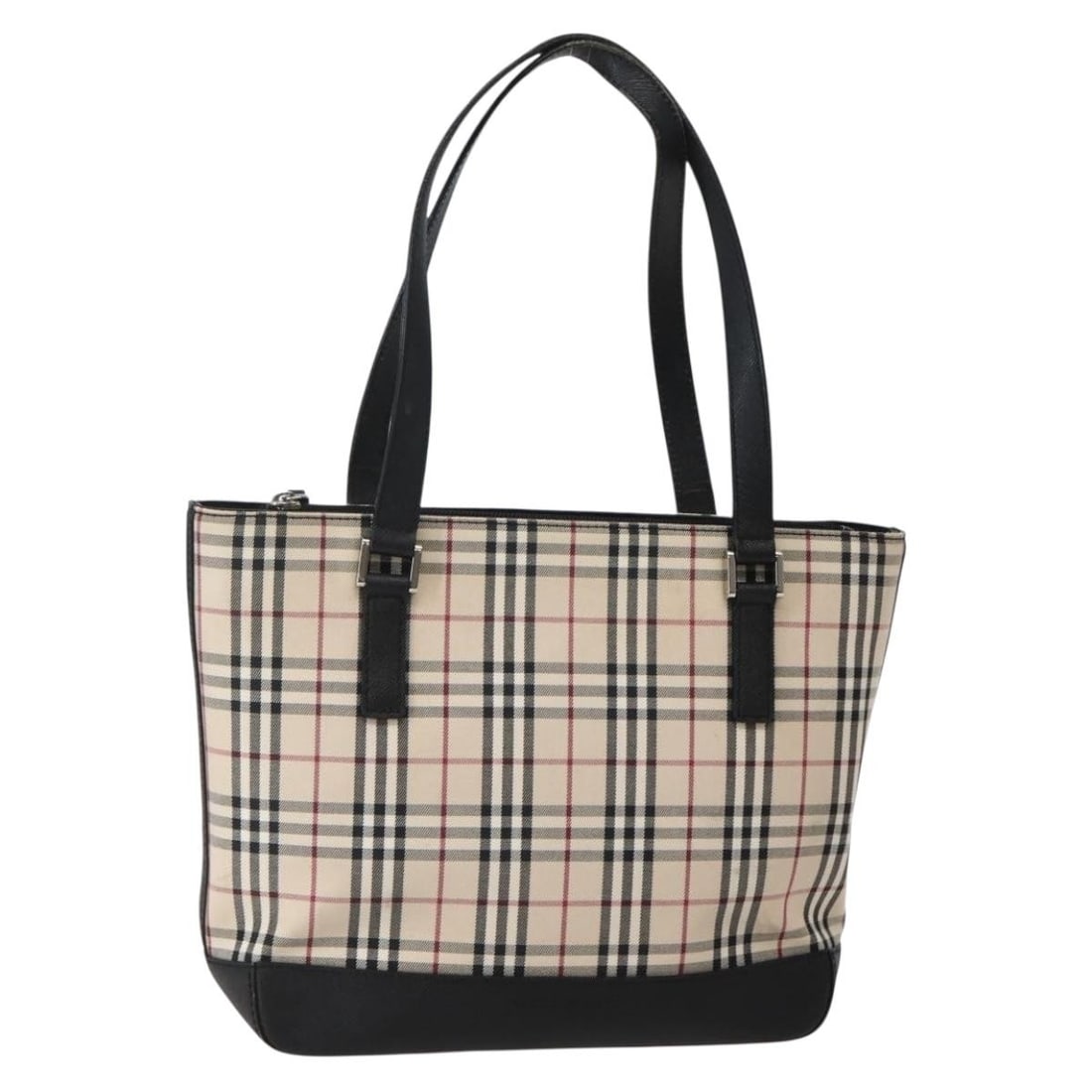 Burberry tote handbag in beige canvas with silver Nova Check: Burberry tote handbag in beige canvas with silver Nova Check Burberry tote bag in beige and silver canvas with leather trim, designed for women. This authentic bag features the Nova Check pattern and 