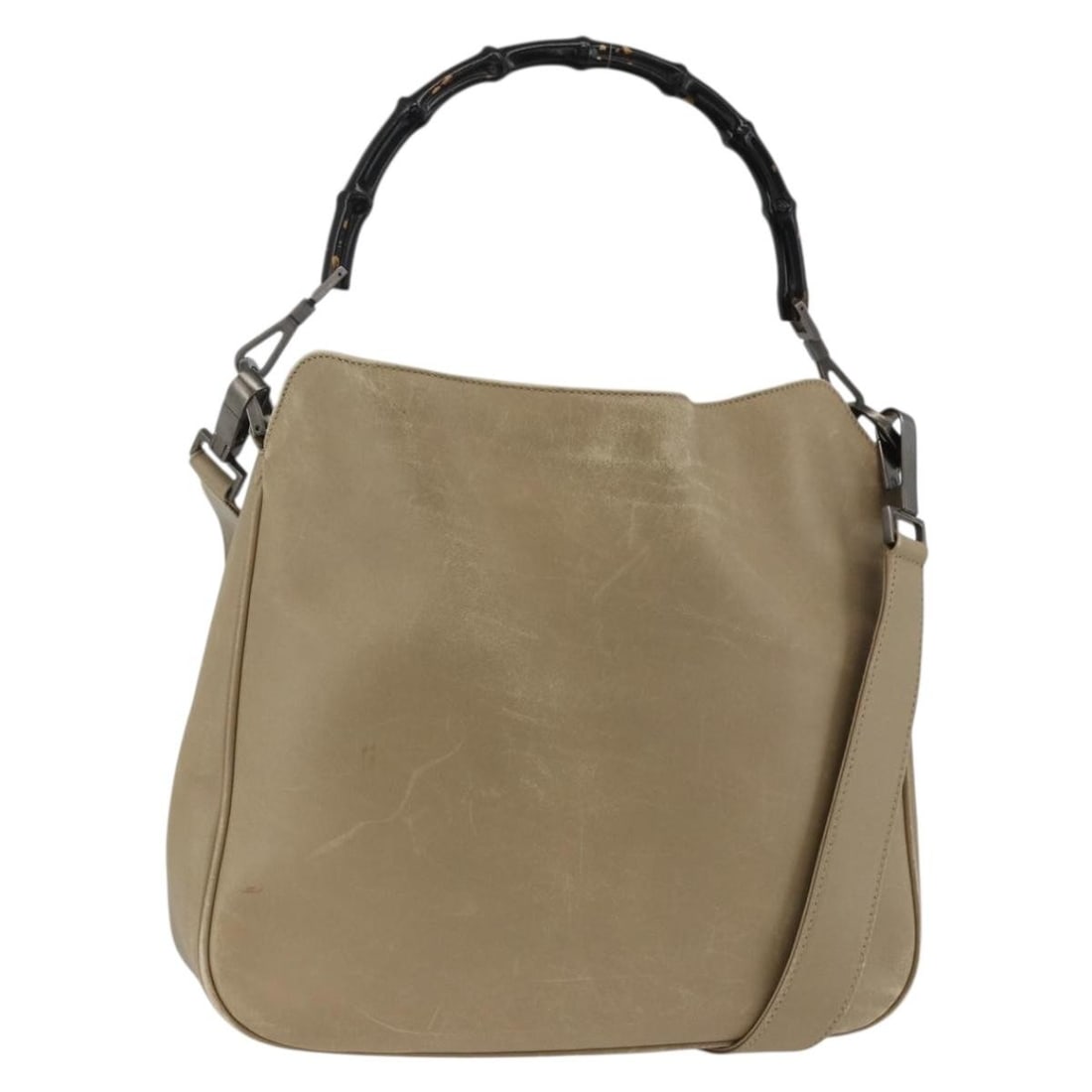 Gucci Bamboo leather beige silver shoulder bag 2way with strap: Gucci Bamboo leather beige silver shoulder bag 2way with strap This GUCCI Bamboo handbag is crafted from beige and silver leather and offers versatile carry options with both handles and a removable s