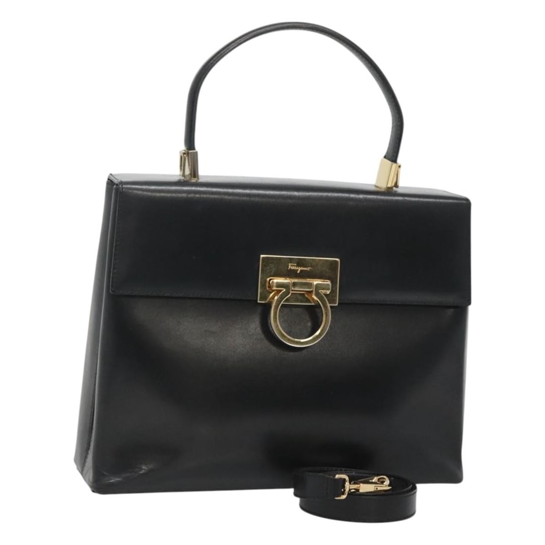Black Leather Gancini Convertible Shoulder and Top Handle Bag by Salvatore Ferragamo: Black Leather Gancini Convertible Shoulder and Top Handle Bag by Salvatore Ferragamo This Salvatore Ferragamo Gancini handbag offers a versatile 2-way design and is crafted from black leather with gol