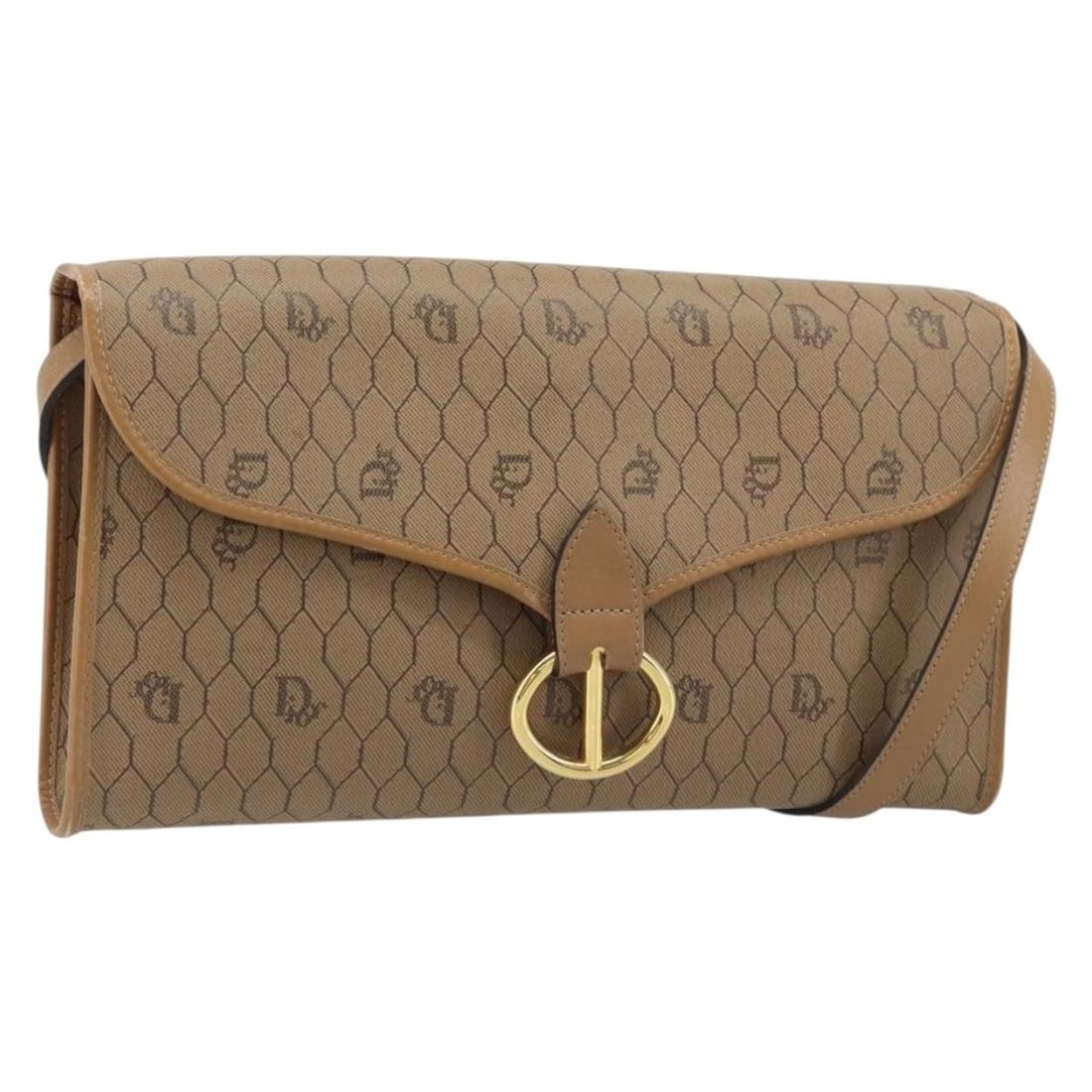 Brown Honeycomb PVC Shoulder Purse by Christian Dior Gold Accents: Brown Honeycomb PVC Shoulder Purse by Christian Dior Gold Accents This Christian Dior shoulder bag features a distinctive honeycomb canvas in brown with gold-tone accents. Crafted from PVC leather, it