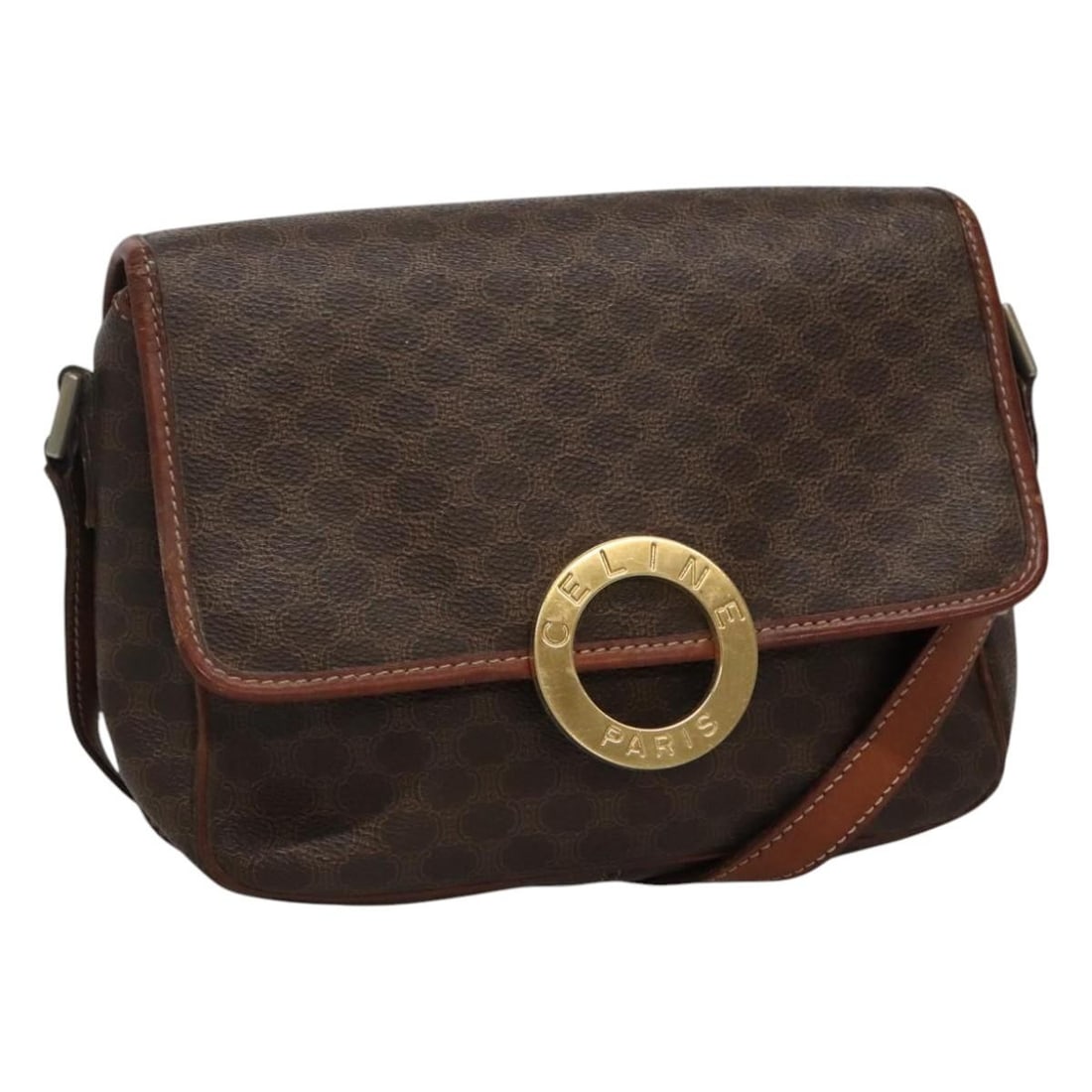 CELINE Macadam Canvas Brown Gold Shoulder Bag Italy: CELINE Macadam Canvas Brown Gold Shoulder Bag Italy This CELINE Macadam shoulder bag features a brown and gold PVC leather and canvas exterior with the signature Macadam pattern. The bag is designed f