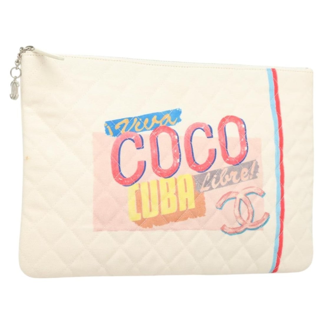 CHANEL CC Matelasse Canvas Clutch White Silver Dust Bag: CHANEL CC Matelasse Canvas Clutch White Silver Dust Bag Chanel Matelasse clutch bag in white and silver canvas. Made in Italy, this women's clutch includes a dust bag. Condition is heavily used, with 