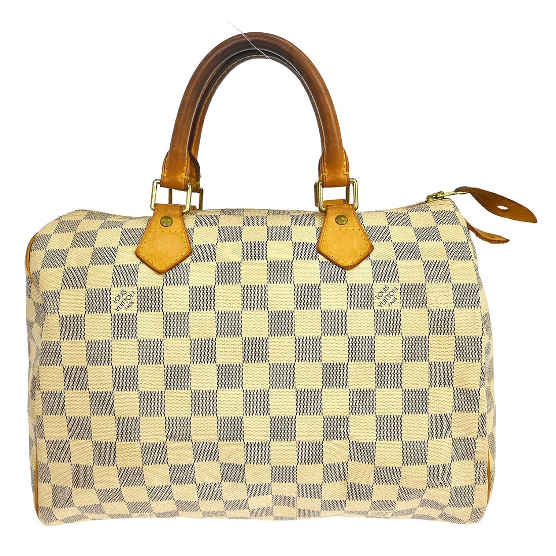 Louis Vuitton Speedy 30 Damier Azur Duffle Bag N41533: Louis Vuitton Speedy 30 Damier Azur Duffle Bag N41533 Vintage Louis Vuitton Speedy 30 handbag in Damier Azur canvas with leather trim and double handles. This zip-top duffle-style bag features a white