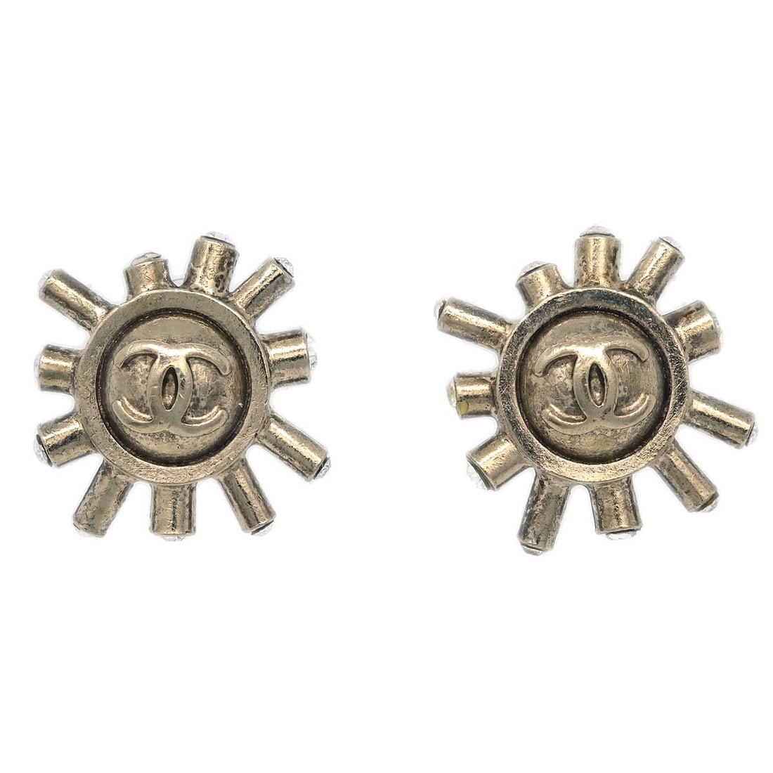 Chanel 04A Gold Plated Rhinestone Screw Back Earrings: Chanel 04A Gold Plated Rhinestone Screw Back Earrings Pair of Chanel pierced earrings in gold plated metal with rhinestone accents. Marked 04A, these earrings feature a button-style design and screw b