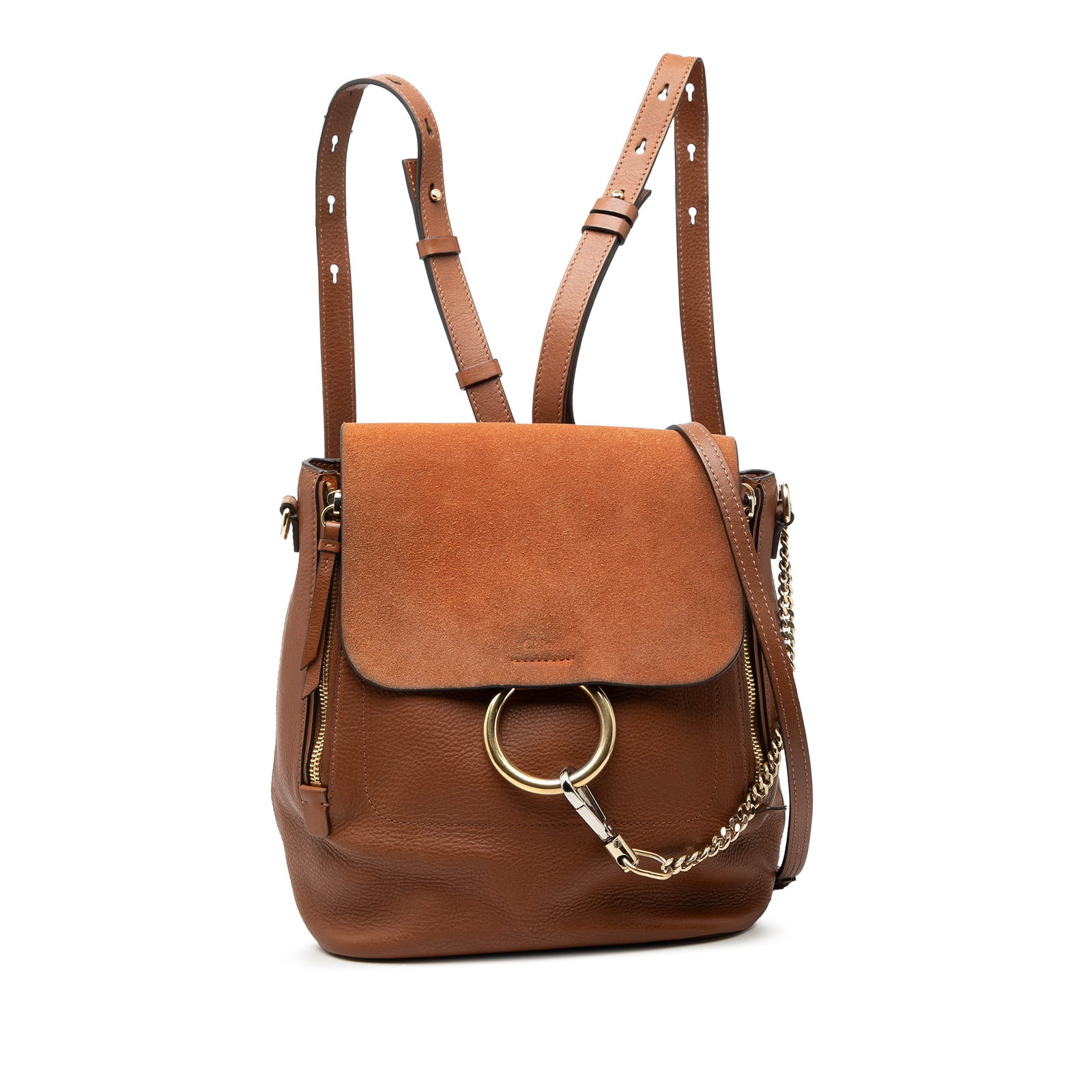Chloe Faye medium backpack calfskin suede leather brown: Chloe Faye medium backpack calfskin suede leather brown This Chloe Medium Calfskin and Suede Faye Backpack features a leather body with zip details, adjustable flat back straps, and a detachable shoul