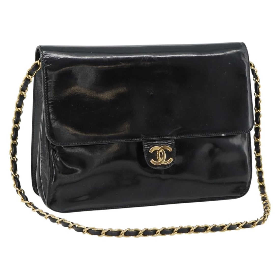 CHANEL CC Patent Leather Shoulder Bag Black Gold Tone: CHANEL CC Patent Leather Shoulder Bag Black Gold Tone Chanel shoulder bag in black patent leather with gold-tone accents. Made in France, this women's bag features a classic chain shoulder strap. Incl