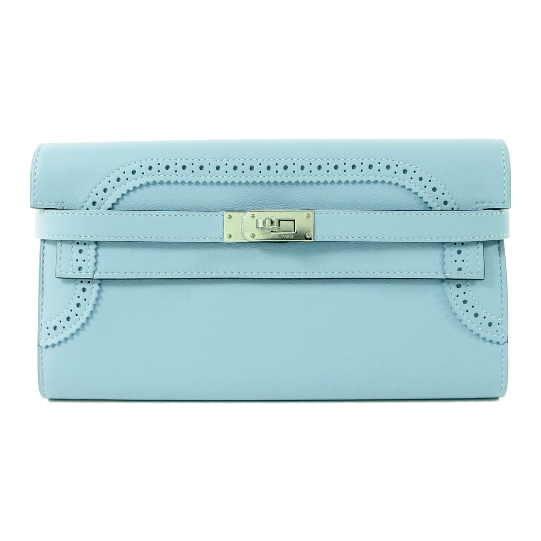 Hermes Kelly Ghillies Blue Swift Leather Bifold Wallet Palladium Hardware: Hermes Kelly Ghillies Blue Swift Leather Bifold Wallet Palladium Hardware This Hermes Kelly Wallet Ghillies features Swift leather in a Bleu Atoll color. Designed in a bifold style, it is crafted from