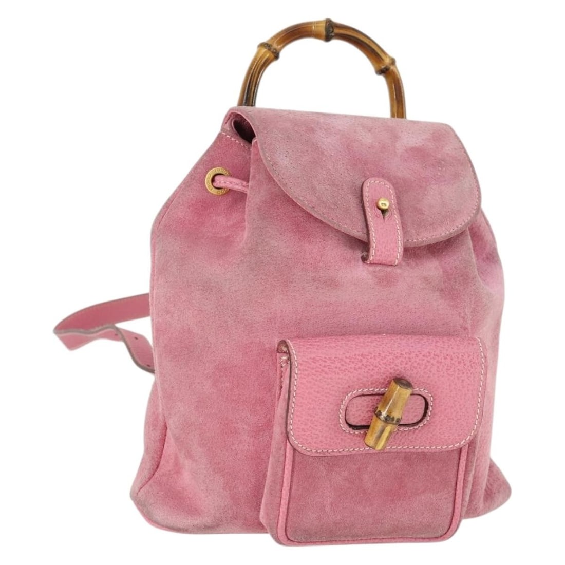 Pink Suede Bamboo Backpack by Gucci Model 003 2034 0030: Pink Suede Bamboo Backpack by Gucci Model 003 2034 0030 This GUCCI bamboo backpack features a pink and gold suede exterior with bamboo accents. The bag is heavily used, showing signs of wear such as r