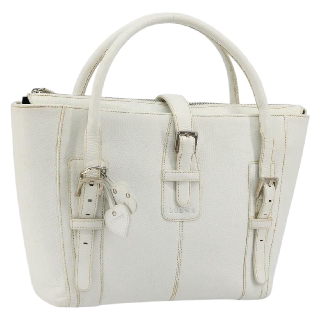 LOEWE white silver leather handbag with charm: LOEWE white silver leather handbag with charm This LOEWE handbag is crafted from white and silver leather, offering a stylish and versatile accessory for women. Made in Spain, it features a structured
