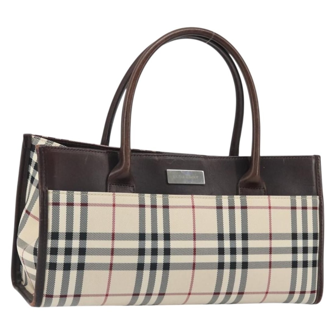 Burberry Nova Check Beige Nylon Women's Handbag Silver Accents: Burberry Nova Check Beige Nylon Women's Handbag Silver Accents This Burberry Nova Check handbag features a beige and silver nylon exterior with the iconic pattern. Designed for women, it has a structu