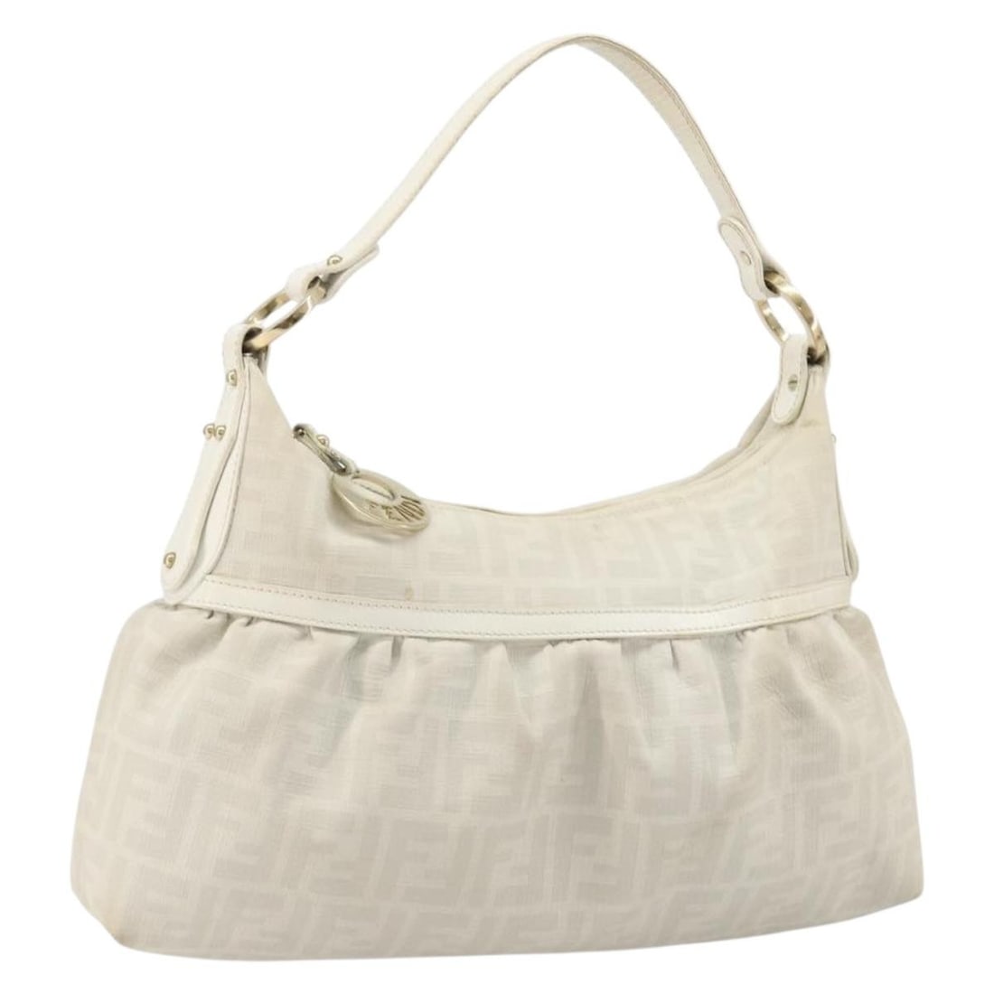 FENDI Zucca Shoulder Bag in White Gold PVC Leather: FENDI Zucca Shoulder Bag in White Gold PVC Leather Authentic FENDI shoulder bag in white and gold Zucca canvas with PVC leather trim. Made in Italy, this women's bag has a structured shoulder silhouet